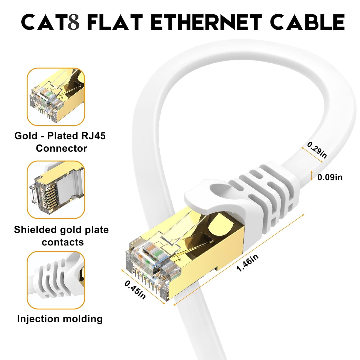 Ercielook Cable Ethernet de alta velocidad de 75 pies, cable de Internet plano blindado CAT8 con clips, más rápido que el cable LAN Cat7, color