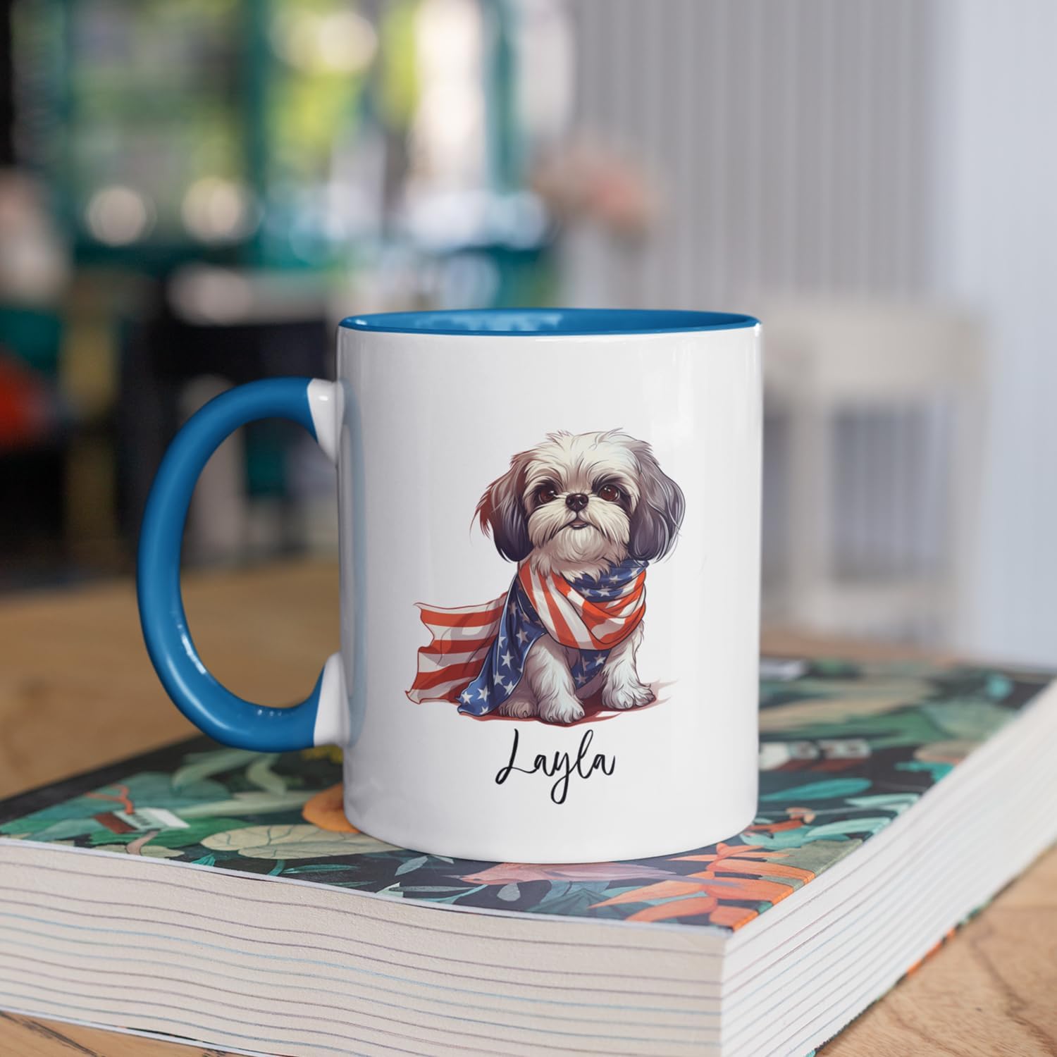 Taza de café blanca personalizada de perro Shih Tzu de 11 onzas, 15 onzas, bandana de bandera estadounidense, tazas para perros Shih Tzu, regalo