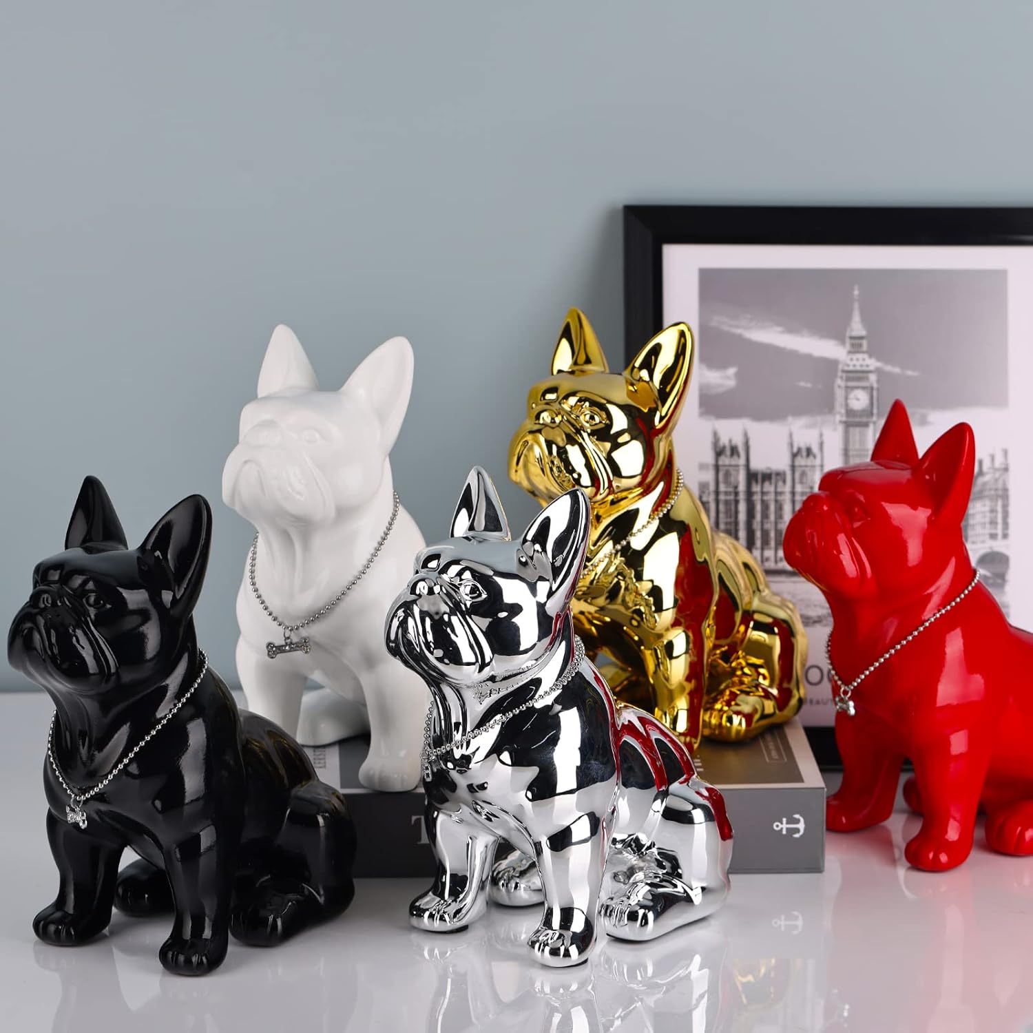 XYQXYQ Estatua de bulldog francés de metal, colorida estatua de perro de resina sentada, bulldog británico, decoración del hogar, estatua de bulldog
