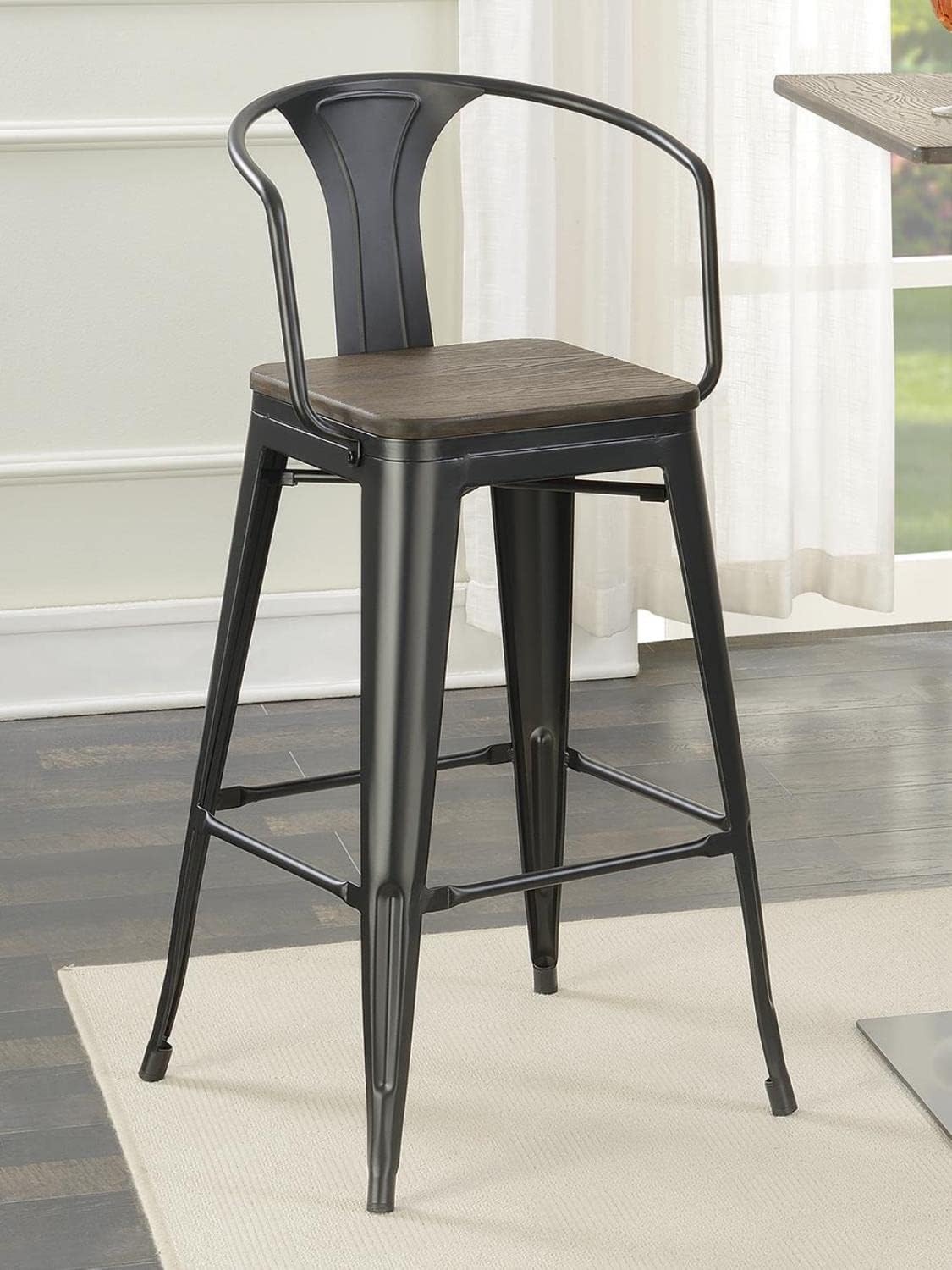 Coaster Home Furnishings Tolix – Taburete de bar industrial de 30 pulgadas con respaldo medio, taburete de bar de bambú sólido con marco de metal,