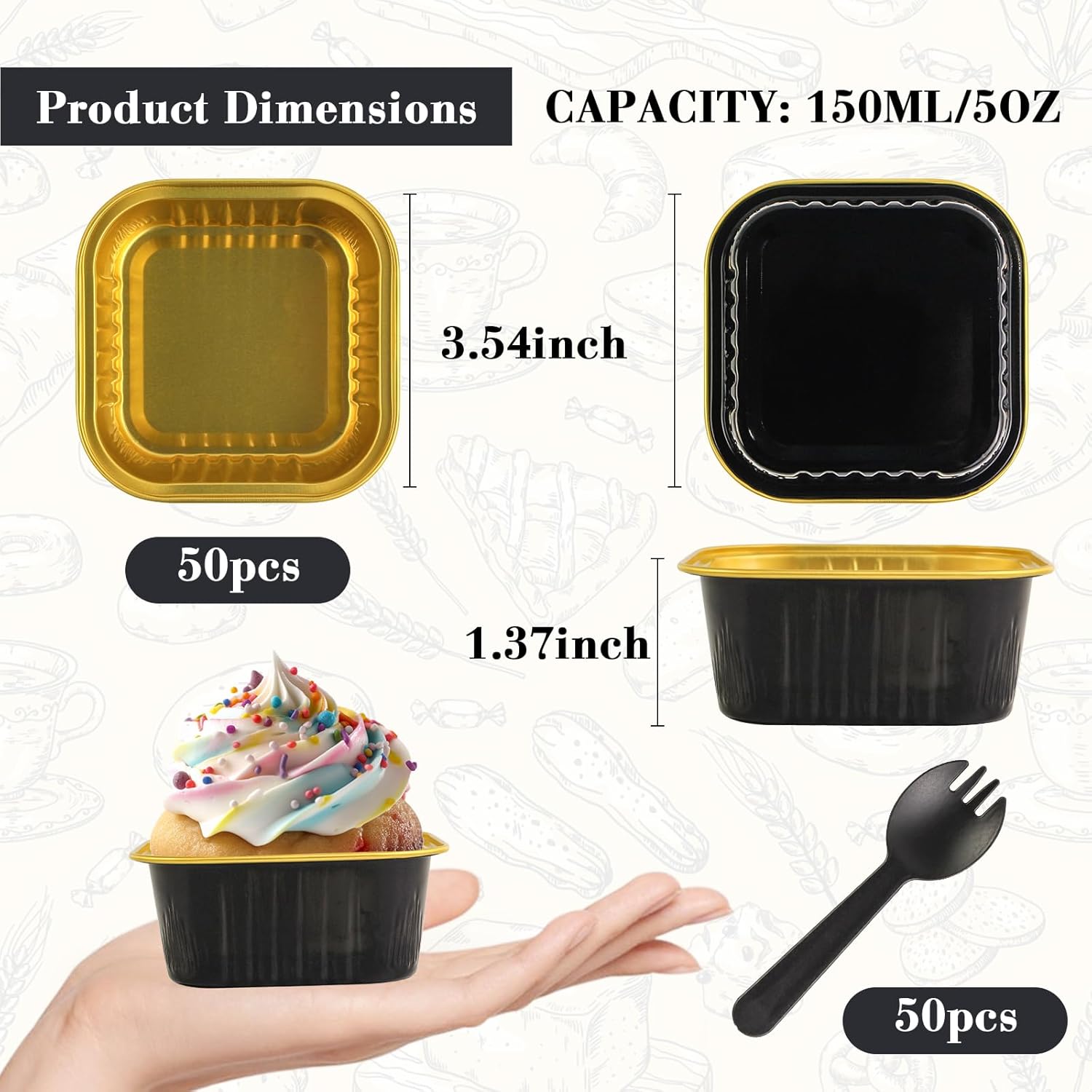 Mini moldes para pasteles de 5 onzas con tapas, papel de aluminio, 50 juegos150 unidades, 150 unidades, tazas cuadradas de 5.1 fl oz, forros para