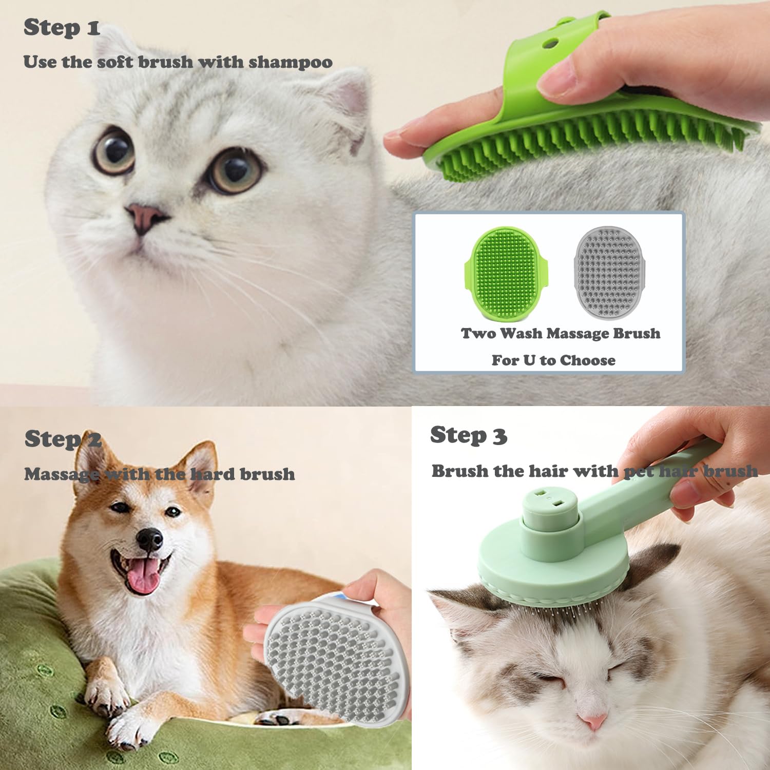 Cepillo de aseo para gatos  Cepillo de baño de silicona para gatos y perros, cepillo de baño para perros y gatos, 3 cepillos limpiadores de pelo de