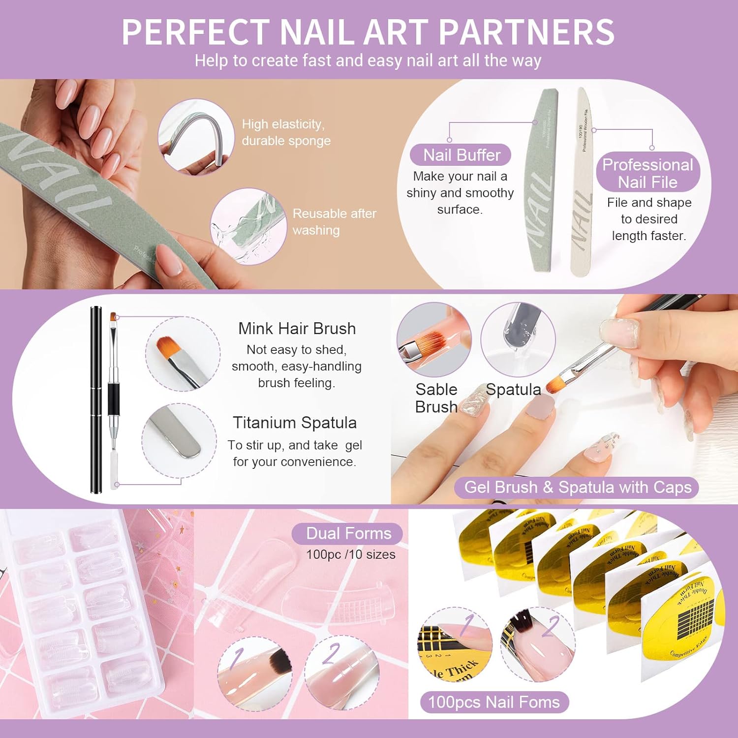 X&D Kit de uñas de poligel natural transparente de 5 colores, kit de gel de uñas de poli para extensiones de uñas con formas de uñas, formas dobles,
