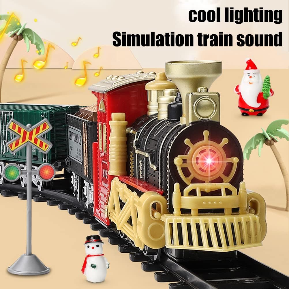Juegos de tren de Navidad para debajo del árbol, tren de locomotora de vapor eléctrico con luces, música, funciona con pilas, juego para niños y