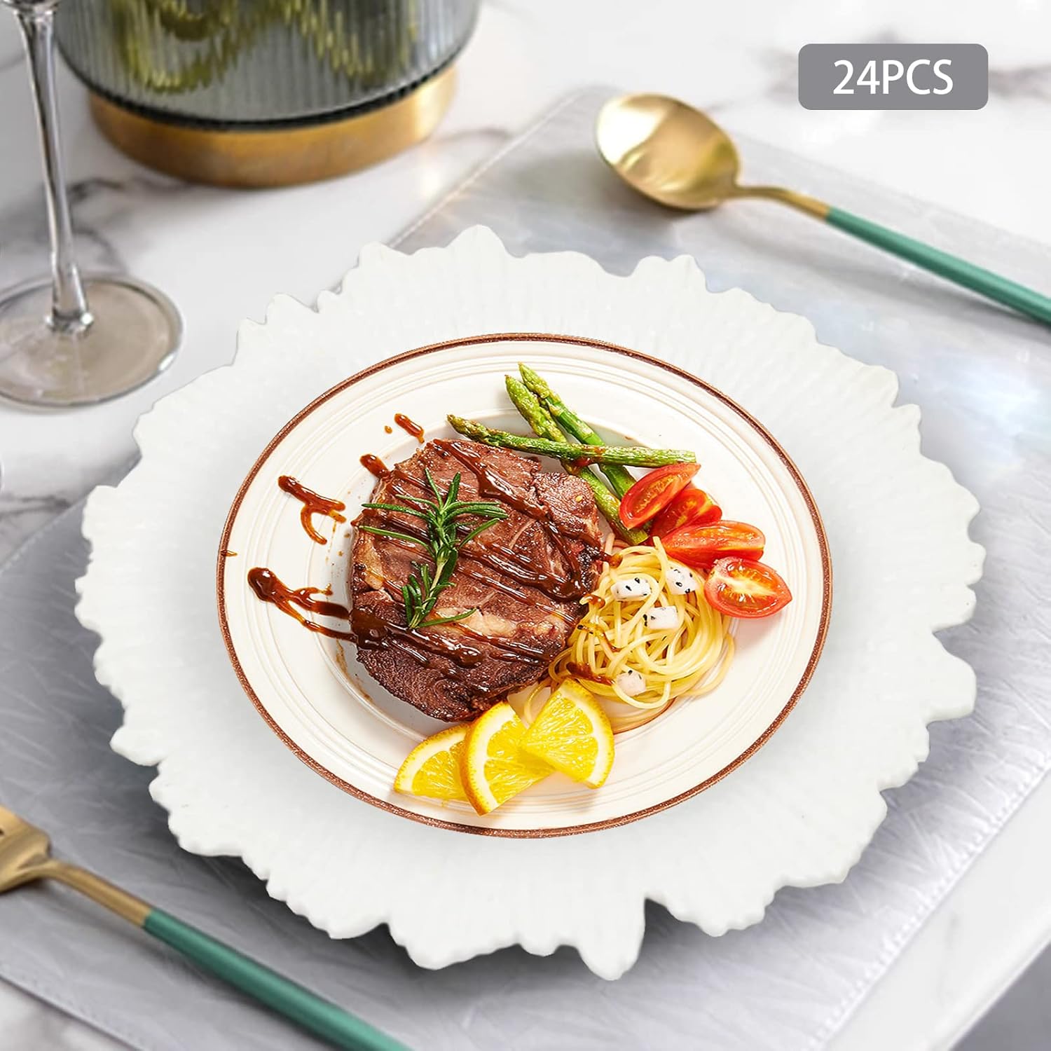 Platos de carga de 12.6 pulgadas, juego de 24, cargadores redondos de plástico metálico para platos llanos, cargadores decorativos para decoración