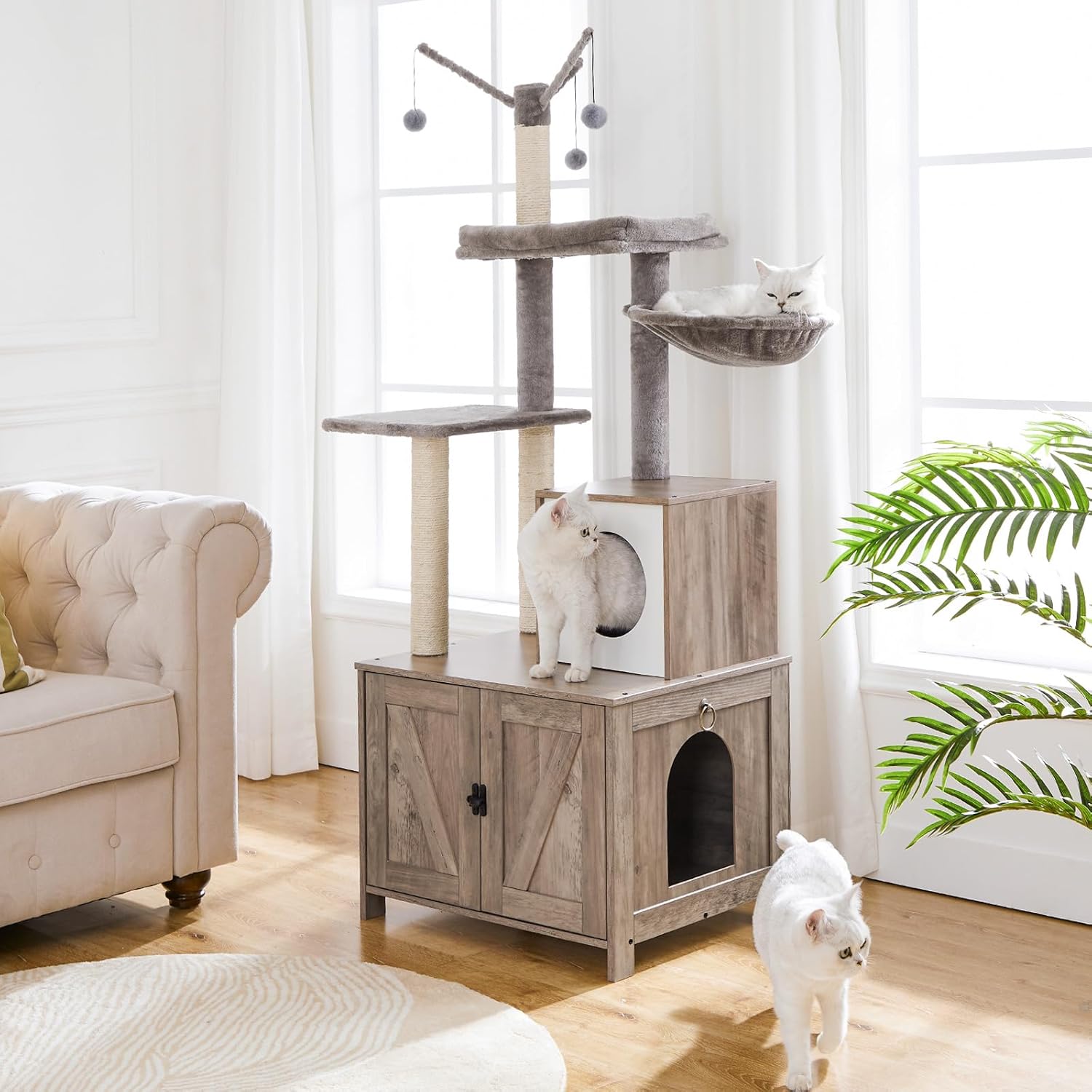 HOOBRO Torre de árbol para gatos con caja de arena para gatos de interior, condominio de madera para gatos con postes rascadores, caja de arena para