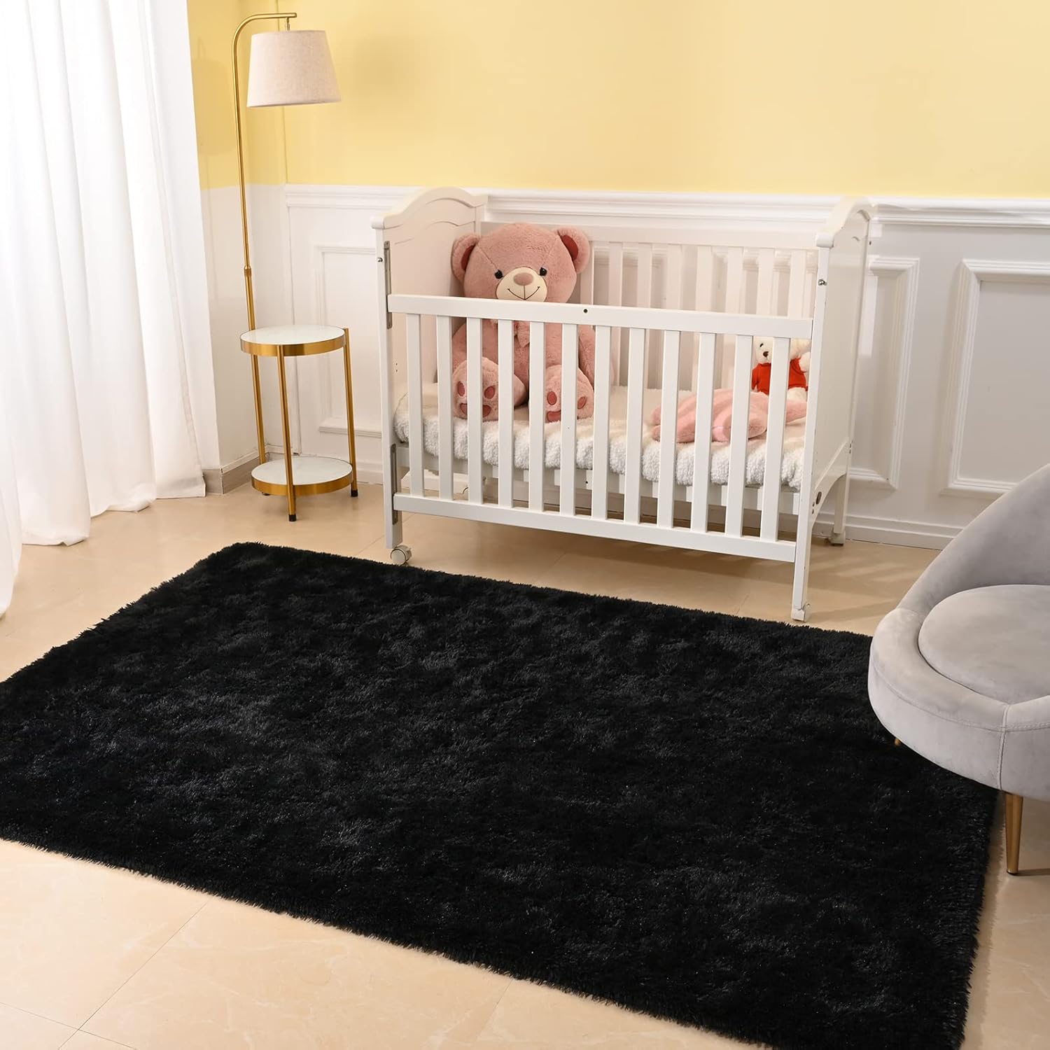 Maxsoft Alfombra mullida de pelo largo para dormitorio, alfombra negra de 6 x 9 pies, para sala de estar, guardería, mesita de noche, alfombra de
