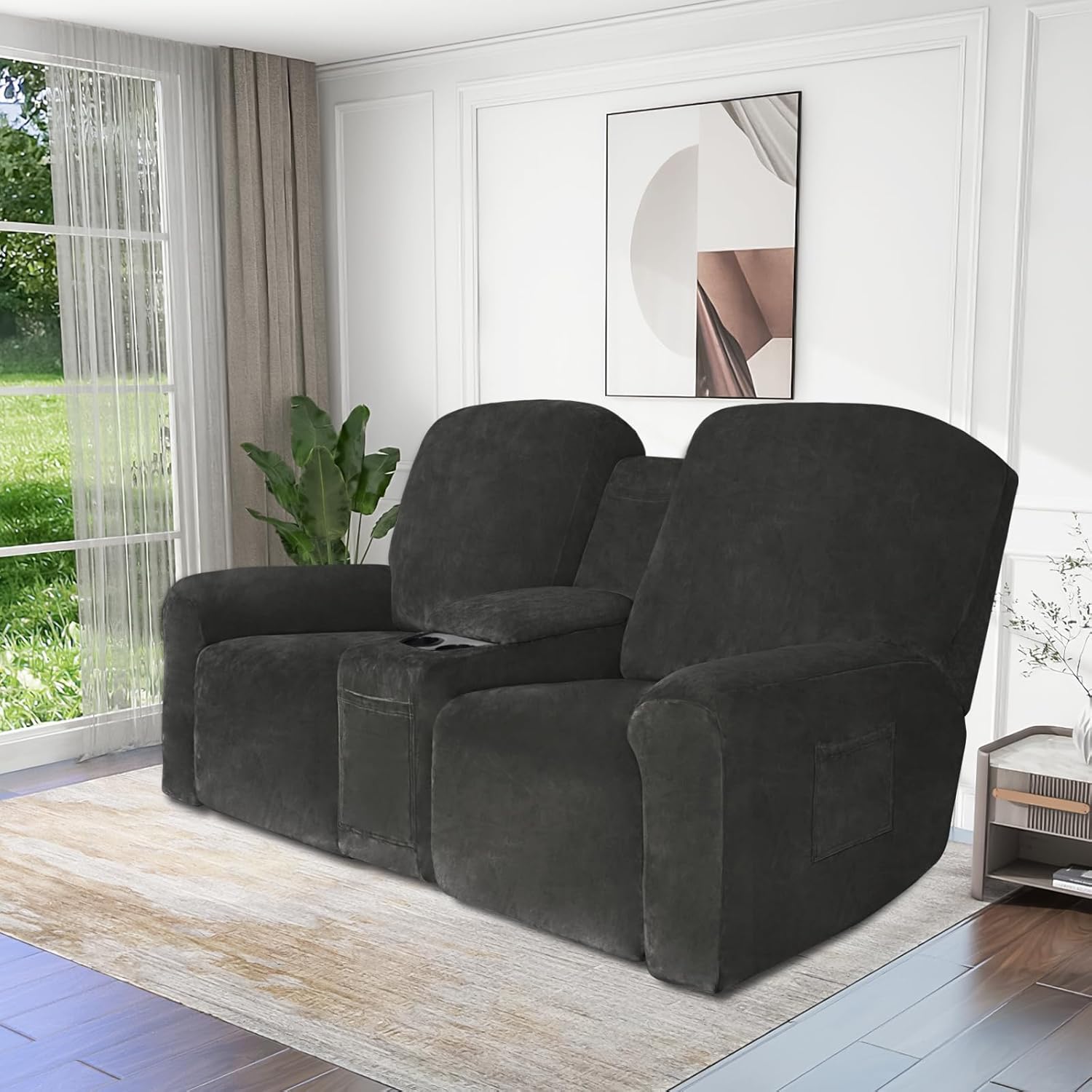 Easy-Going Sofá biplaza reclinable de terciopelo con funda de consola central, fundas elásticas para sofá reclinable de 8 piezas, funda de sofá