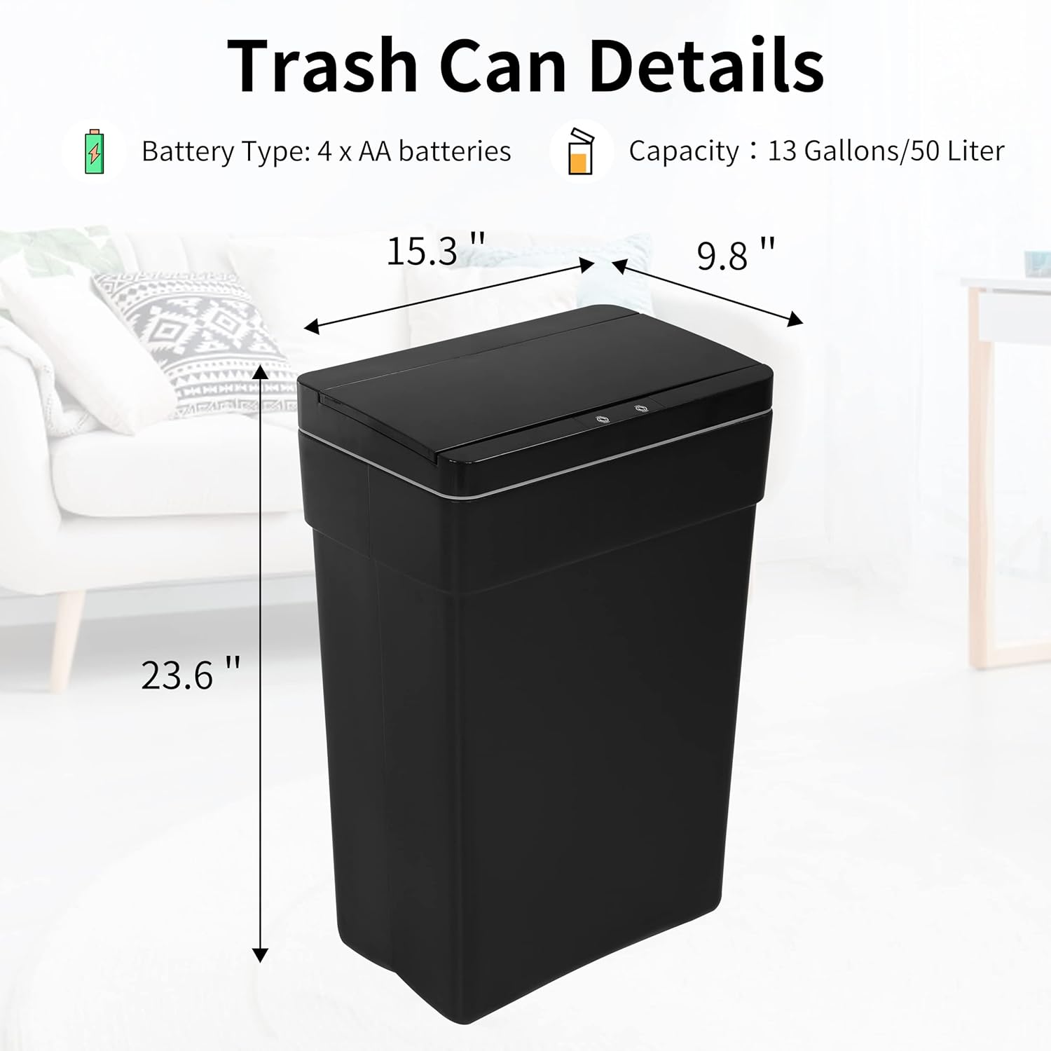 BLKMTY Bote de basura de 13 galones de 50 litros para cocina con tapa, cubo de basura de plástico automático, sin contacto, para oficina, baño,