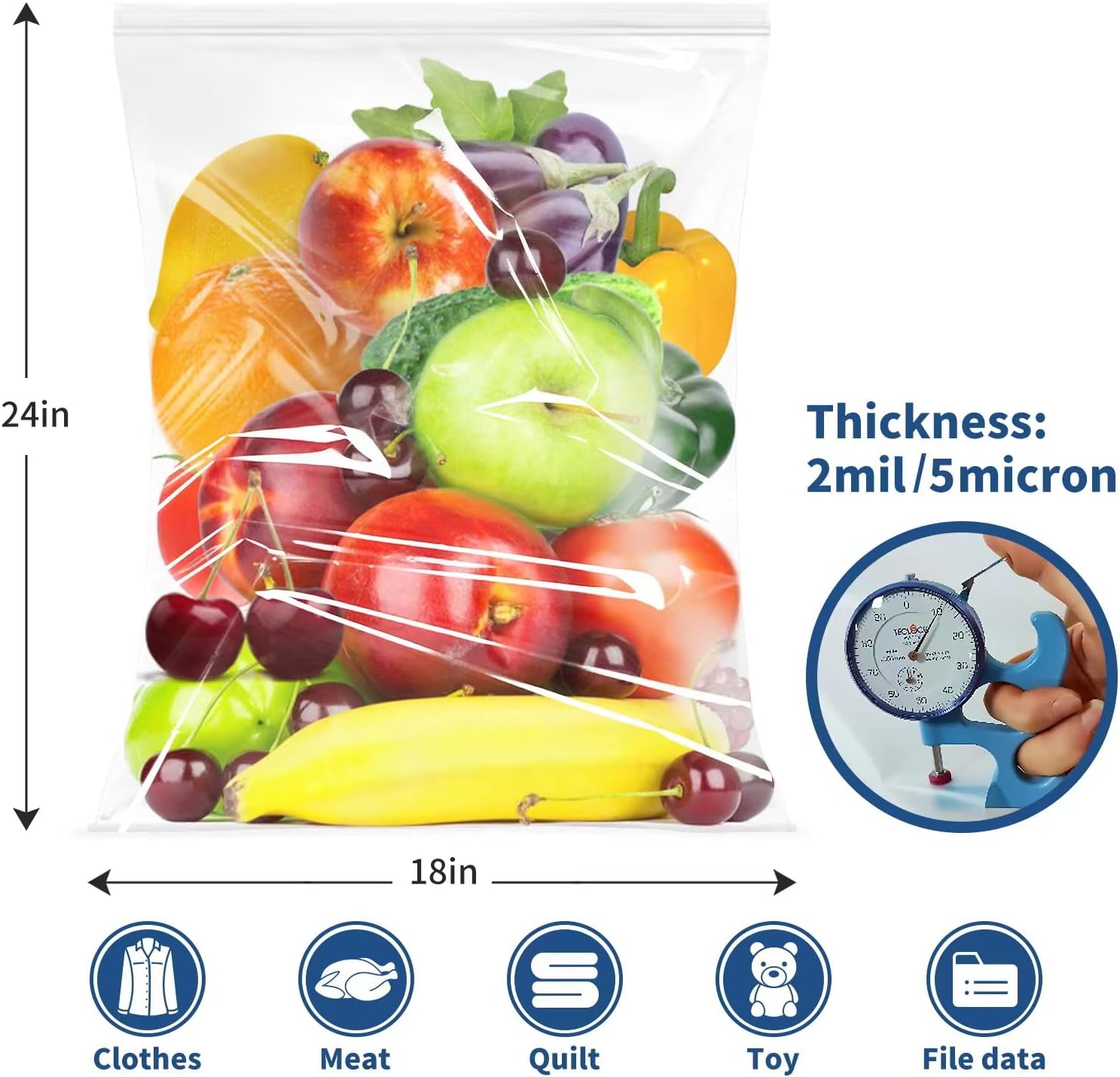 Bolsas de almacenamiento con cremallera, paquete de 24, bolsa de almacenamiento de alimentos con cierre de 5 galones, gran almacenamiento para