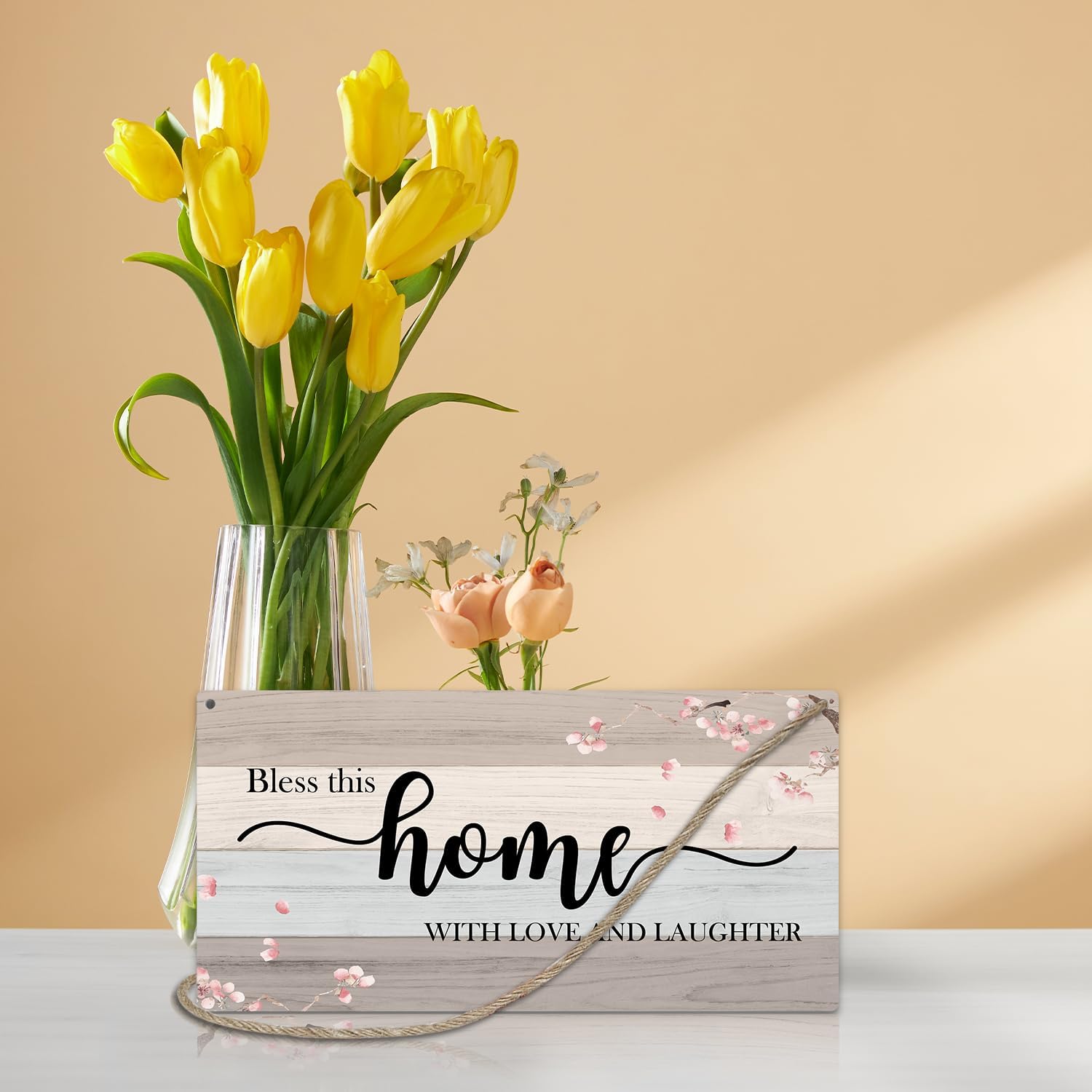 Christian Décor – Letrero de madera para colgar en la pared, Bless This Home with Love and Laughter, decoración del hogar, puerta (1 pieza), regalo