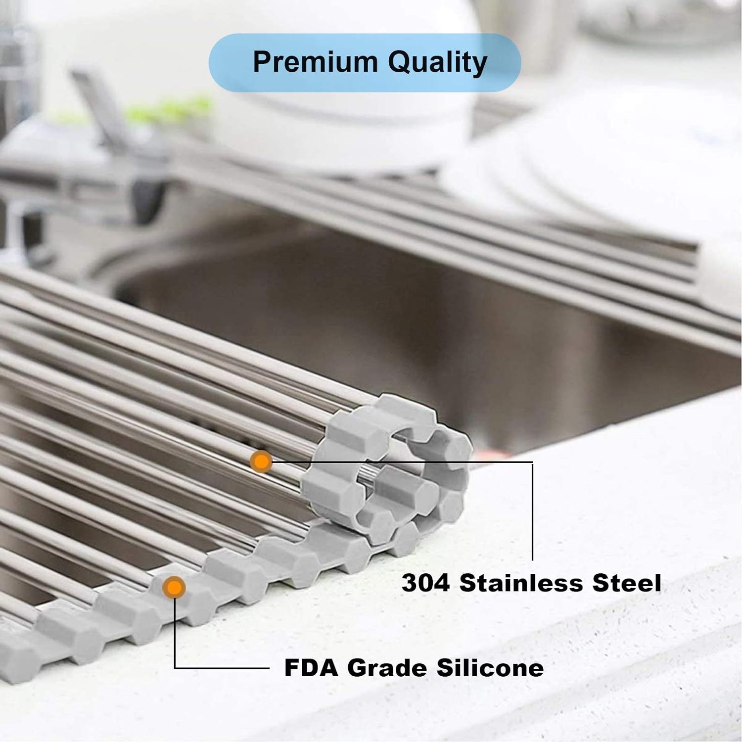 Searik Escurridor de platos enrollable para fregadero sobre el fregadero, escurridor de platos multiusos de acero inoxidable, resistente al calor,
