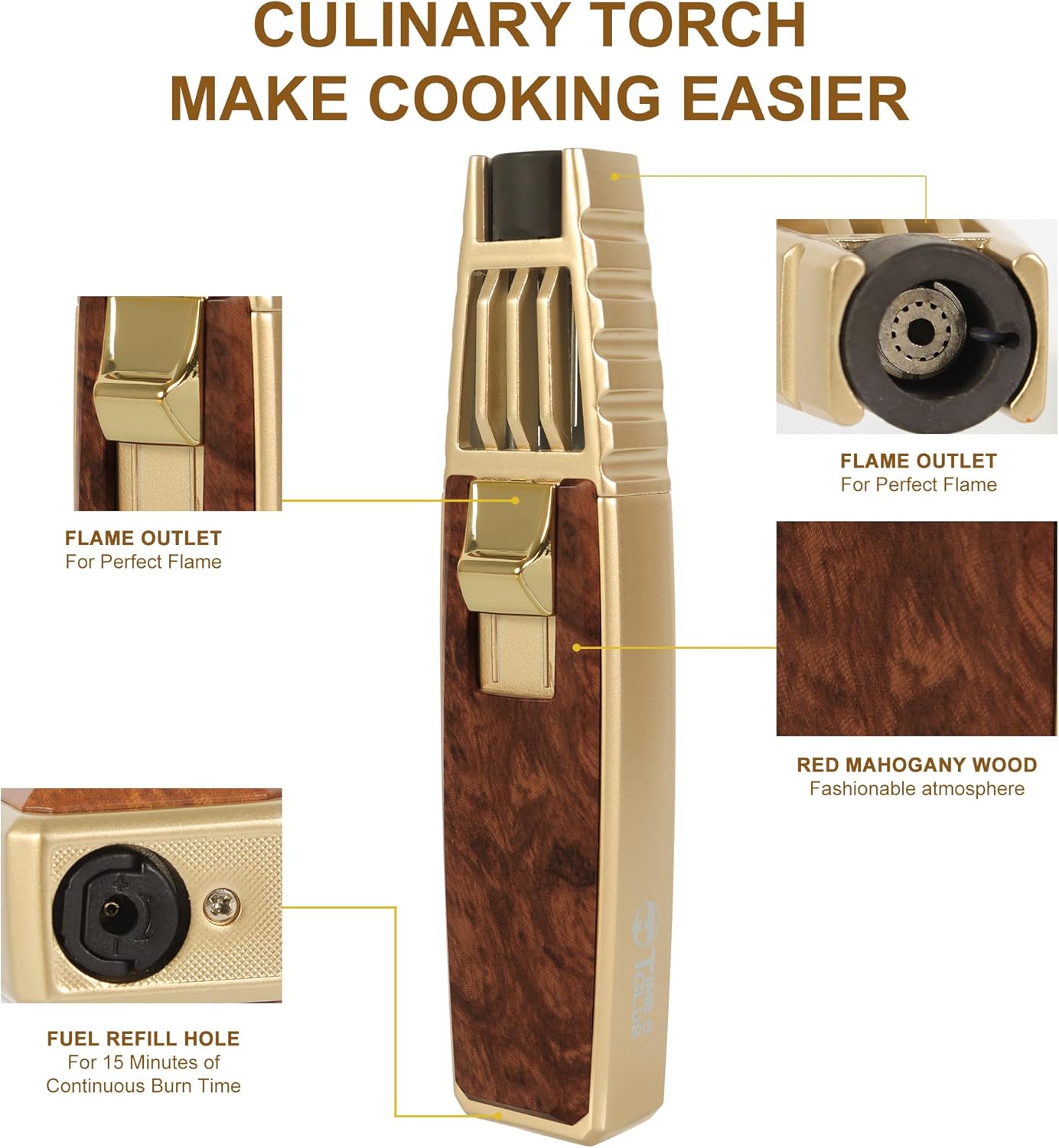 Encendedor de butano, soplete de soldadura, estilo oro caoba, linterna de cocina recargable, resistente al viento, llama ajustable, soplete solar