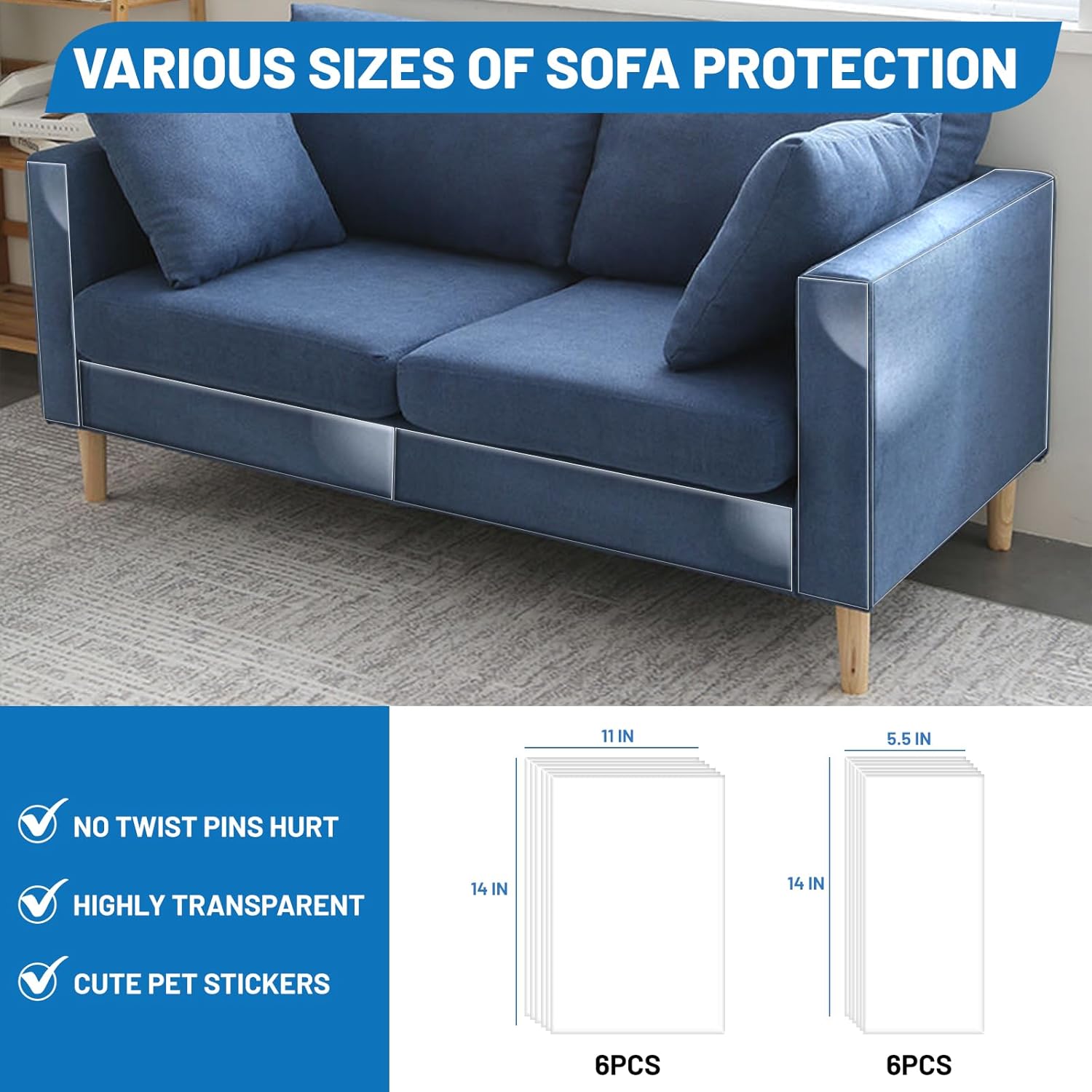 No daña los pines Protector de muebles de arañazos para gatos, paquete de 12 protectores de sofá autoadhesivos de un solo lado para gatos, cinta