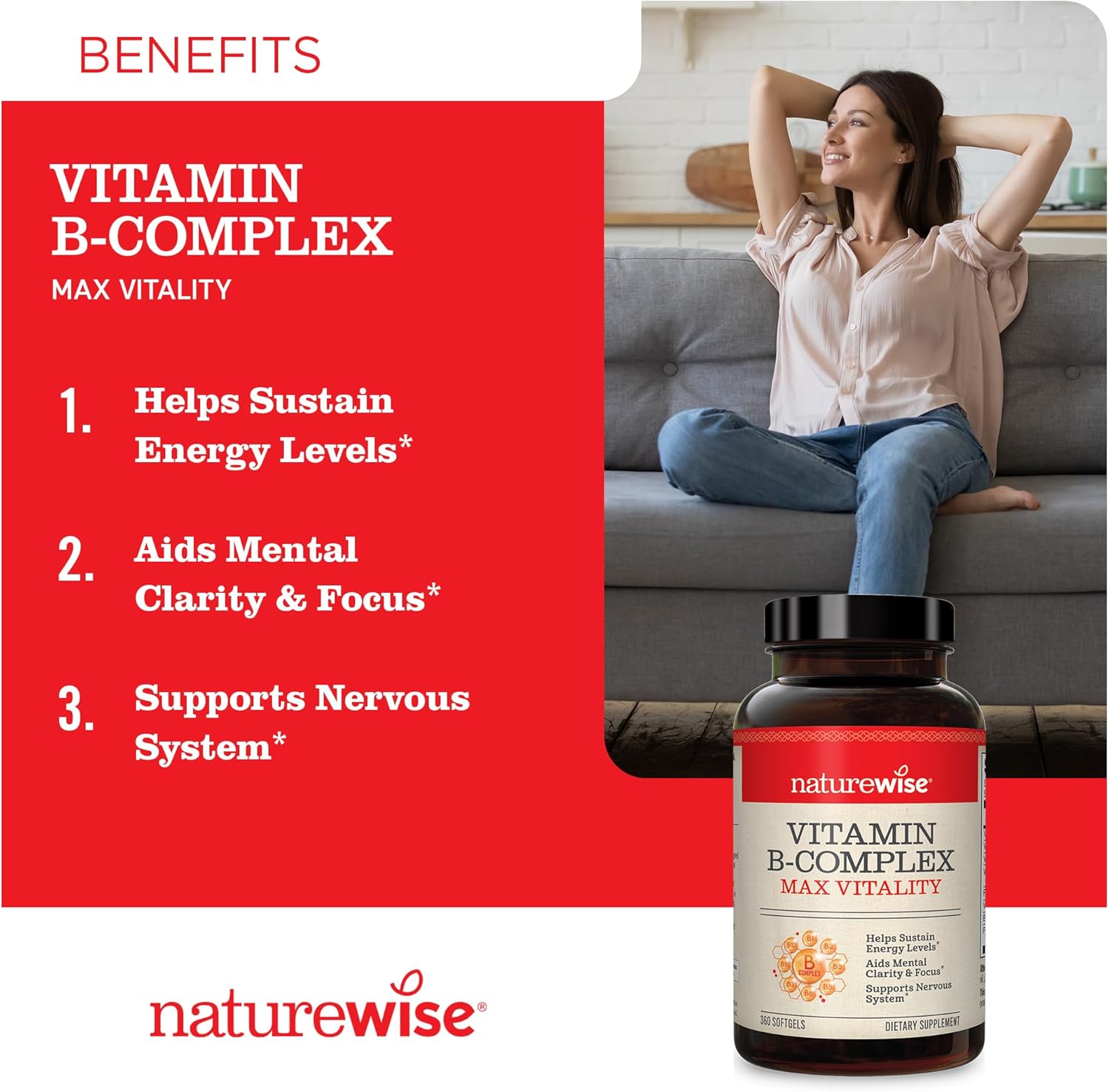 NatureWise Complejo de vitamina B para mujeres y hombres  con ácido fólico biotina B1 B2 B3 B6 B12  Apoya la energía celular y la claridad mental