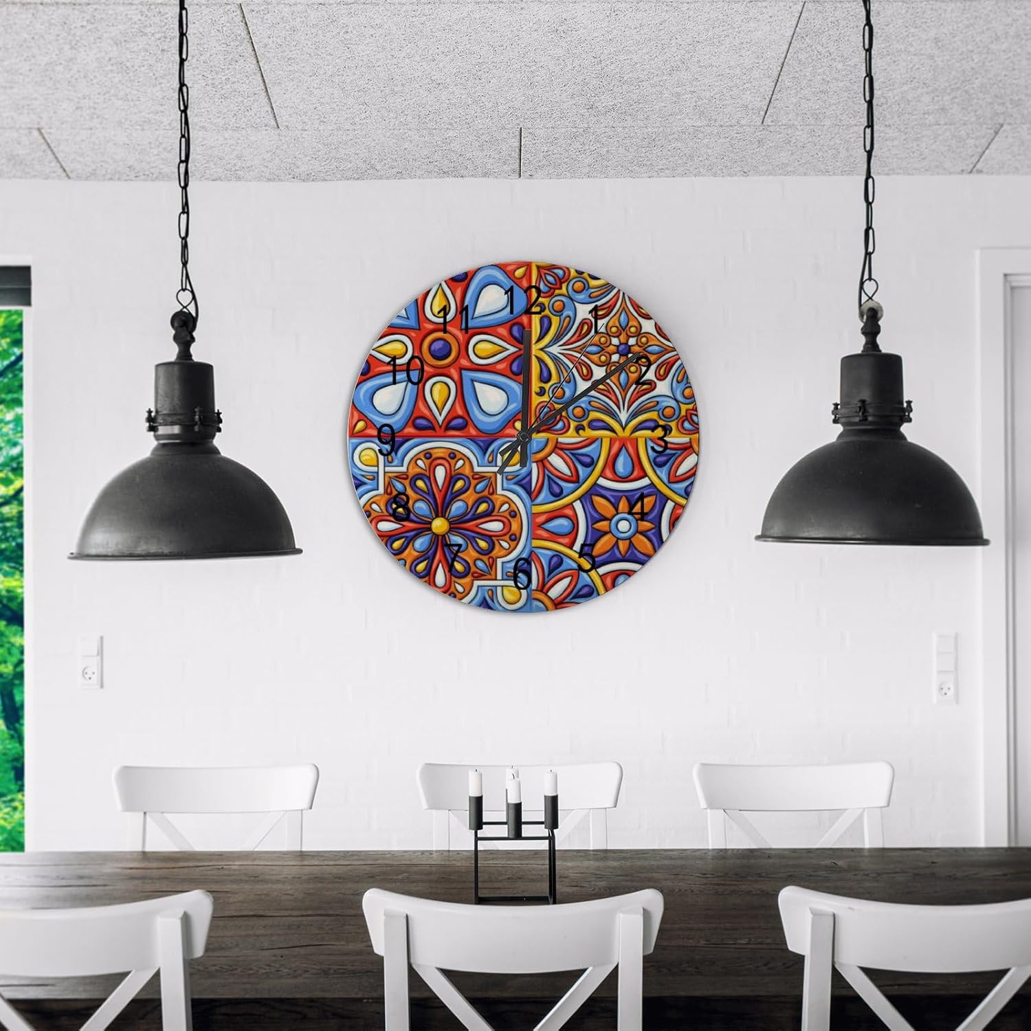 Reloj de pared redondo de madera de Talavera mexicana de 12 pulgadas, funciona con pilas, silencioso, sin tictac, fácil de leer, decoración de pared