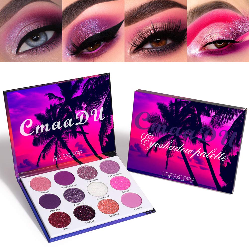 BINGBRUSH Paleta de maquillaje de sombra de ojos barata de 12 colores con brillantina, púrpura y rosa, brillante, brillante, brillante, metálico,