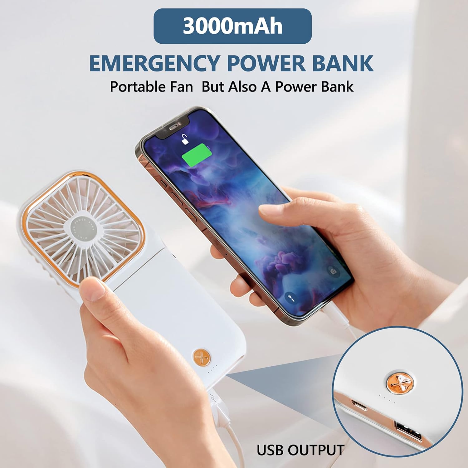 Ventilador portátil de mano para collar personal, plegable, mini ventilador recargable por USB silencioso con función de soporte para teléfono