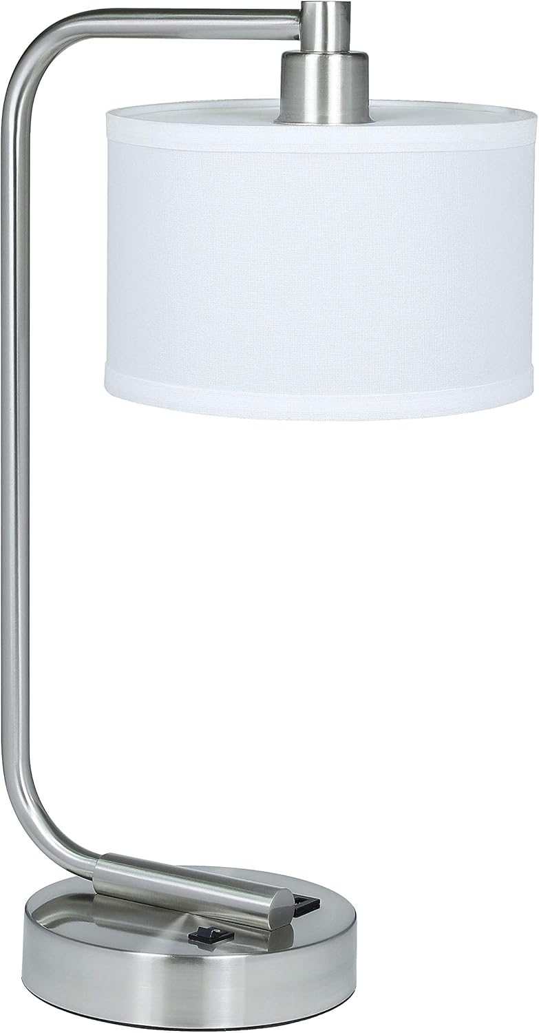 XiNBEi Lighting XB-TL1226-BN – Lámpara de mesa con puerto de carga USB y pantalla de tela, moderna lámpara de mesita de noche con acabado de níquel