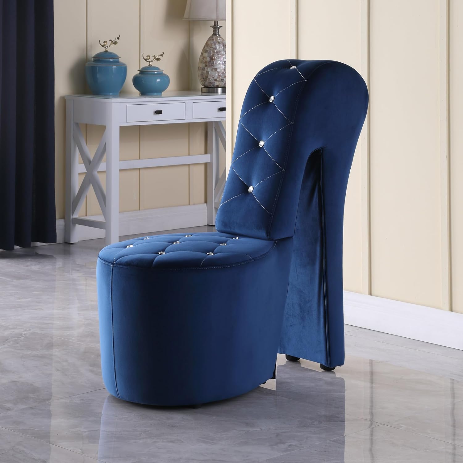 Best Master Furniture Silla de zapatos de terciopelo de tacón alto con tachuelas de cristal, azul