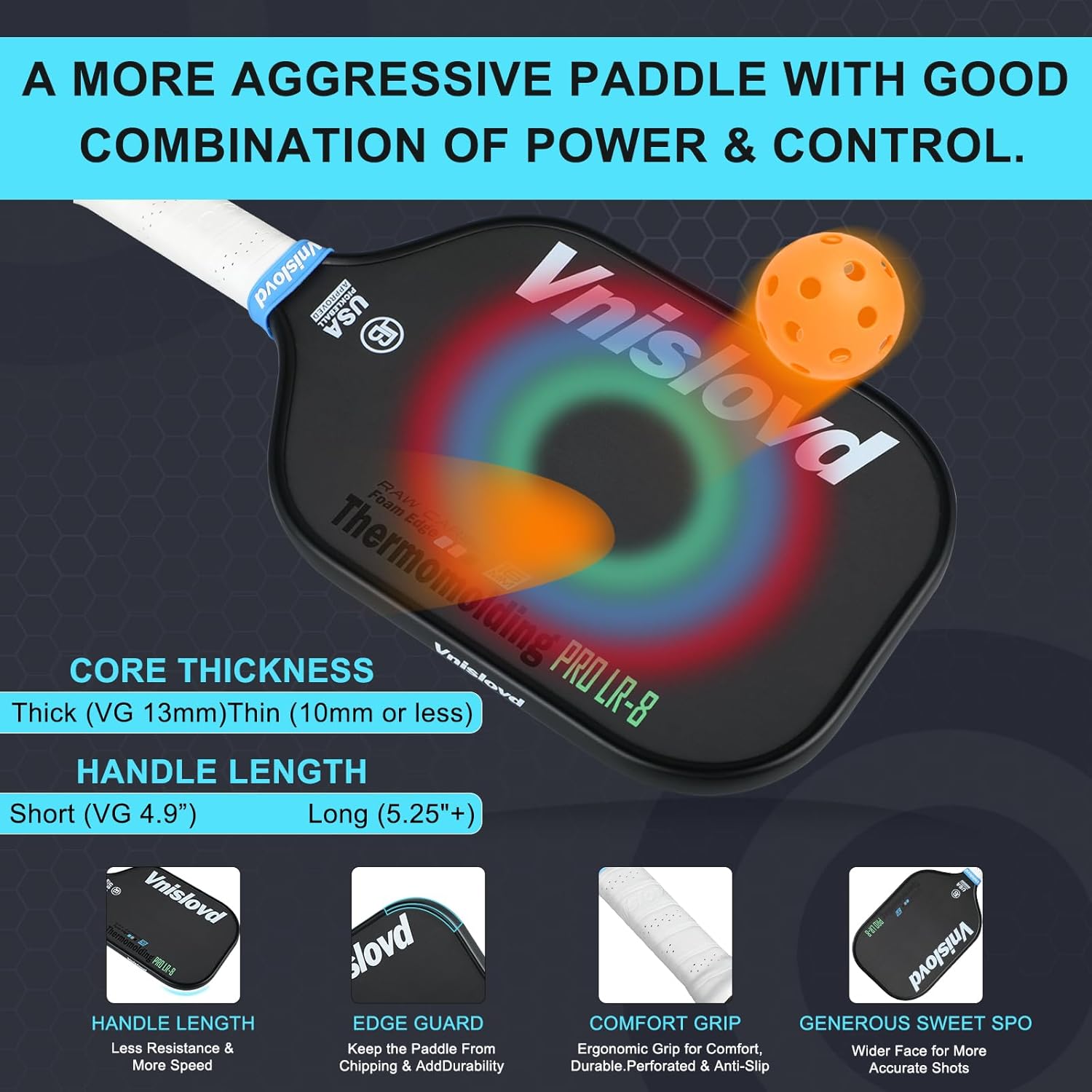 Vnislovd T700 – Paleta de pickleball de fibra de carbono cruda termoformada Unibody Pickleball con espuma inyectada CFS, agarre de 4.13 pulgadas