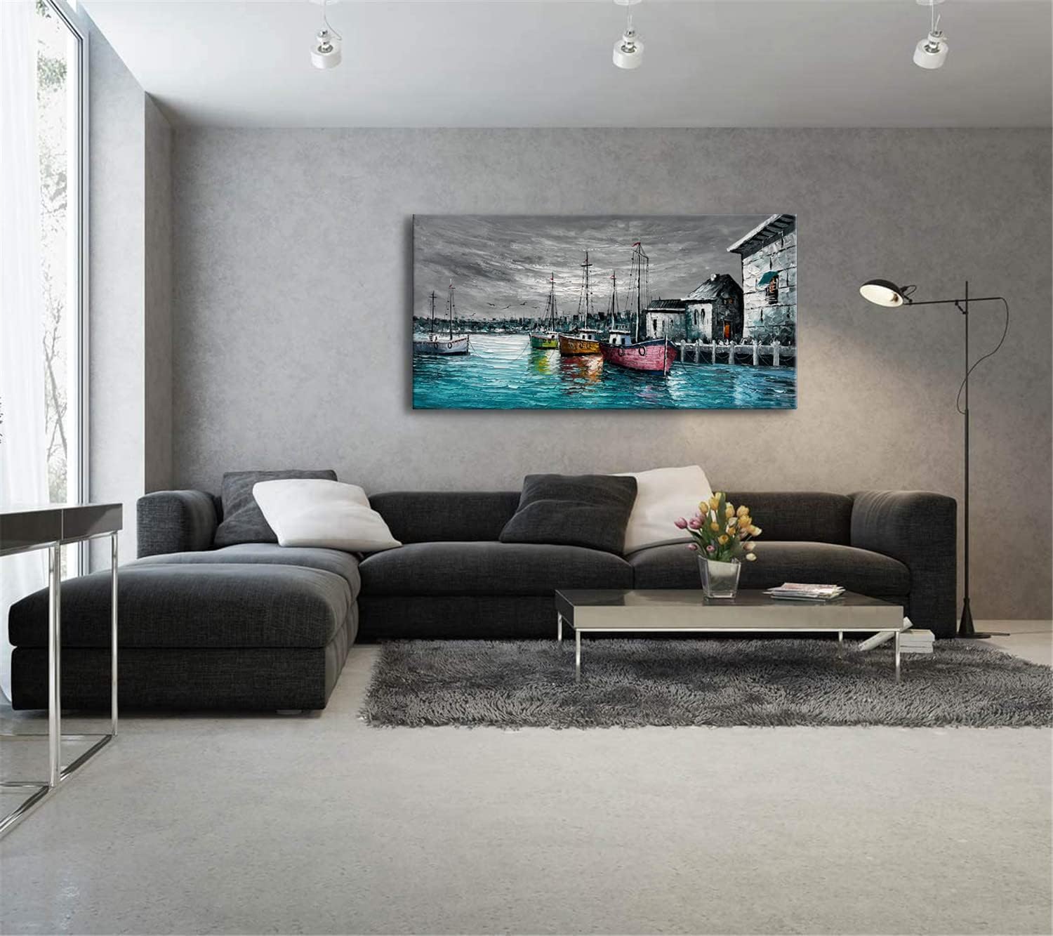 zoinart Lienzo grande pintado a mano de 48 x 24 pulgadas, pinturas abstractas para pared, textura contemporánea, arte de pared de muelle, paisaje,