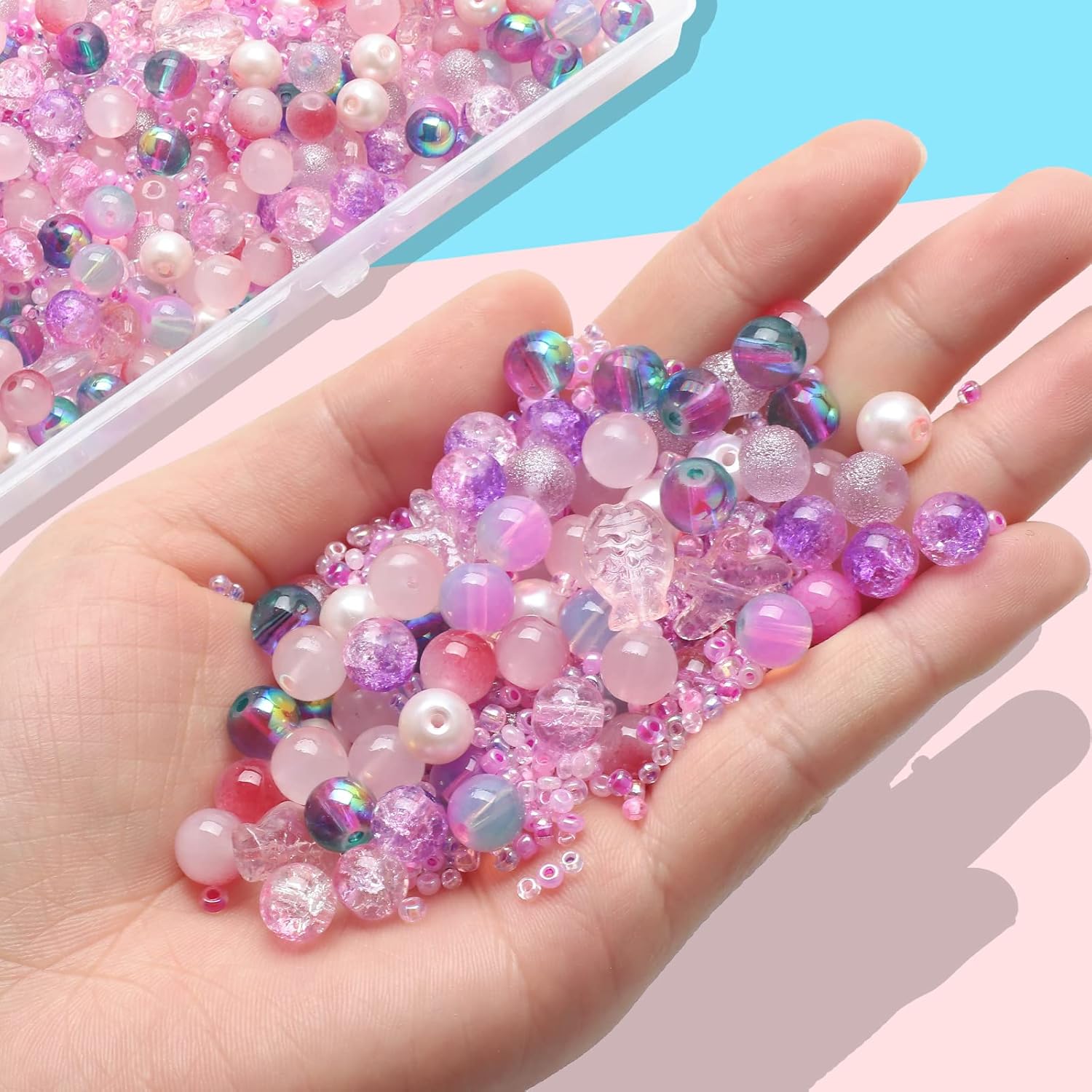 Kit de 760 piezas de cuentas mixtas para manualidades, kit de fabricación de pulseras de cuentas de vidrio rosa, cuentas de cristal redondas de