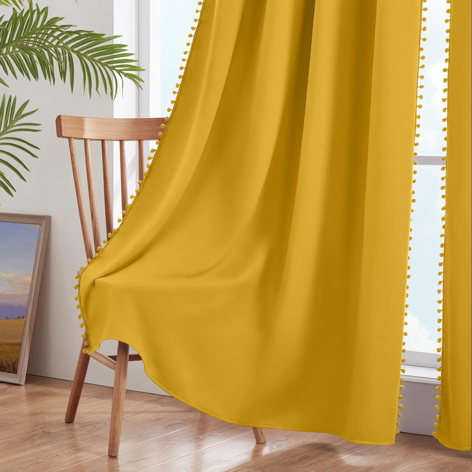 HOMEIDEAS Cortinas opacas con pompones, color amarillo mostaza, de 52 x 63 pulgadas, bonitas cortinas para niños, cuarto de bebé, con ojales, para