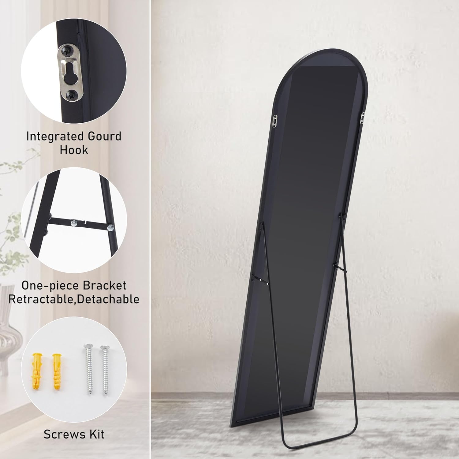Sweetcrispy Espejo arqueado de longitud completa de 59 x 16 pulgadas, espejo de pie para colgar o inclinarse, espejo de pared de arco con soporte,
