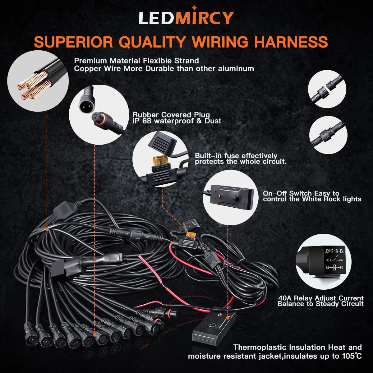 Kit de luces de roca blanca pura con interruptor de arnés de cable, 12 luces LED de roca blancas para Jeep, todoterreno, camiones, ATV, UTV, SUV,