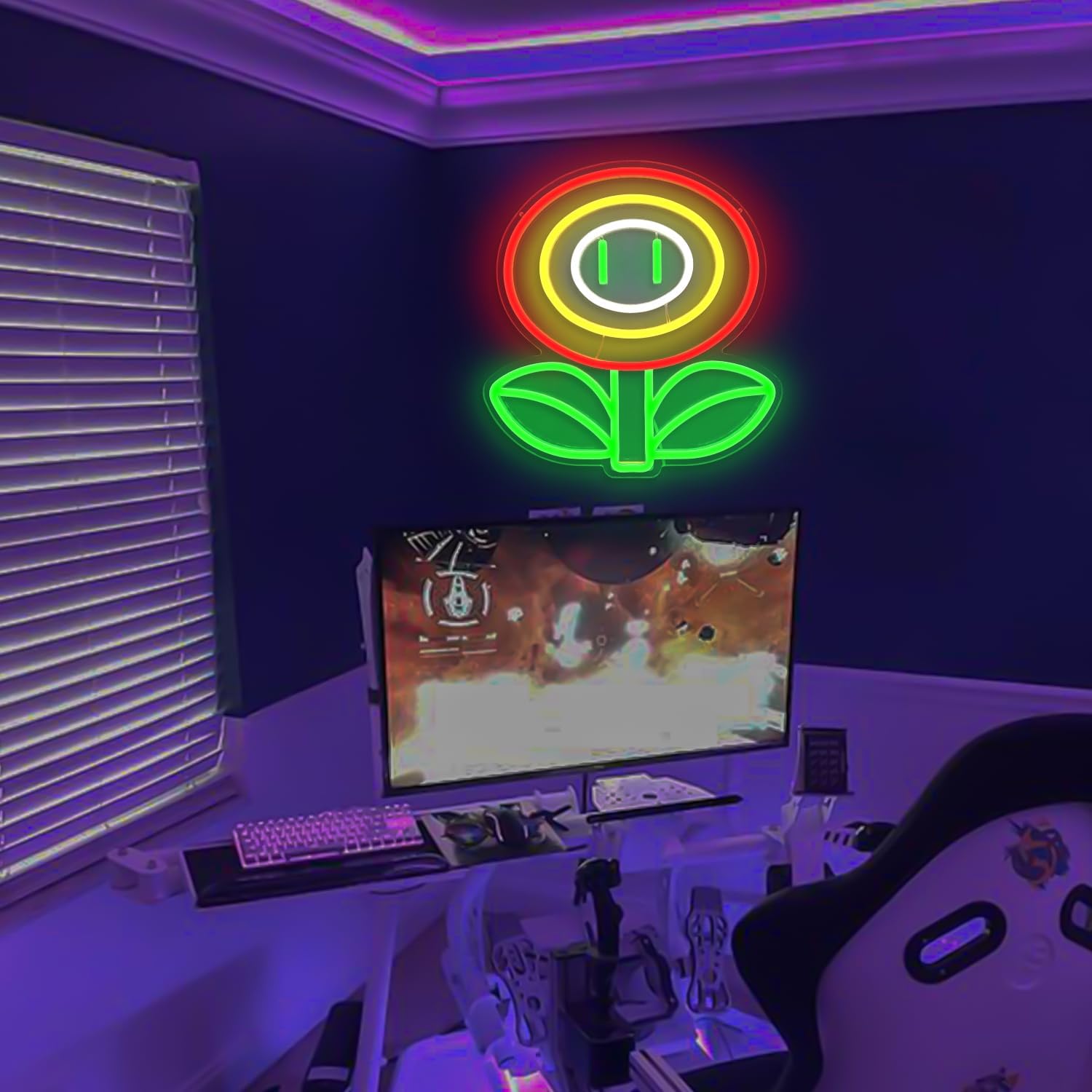 Letrero de neón de flores de fuego, luz de neón para juegos, sala de juegos, dormitorio de niños, cueva del juego, letreros de neón para decoración