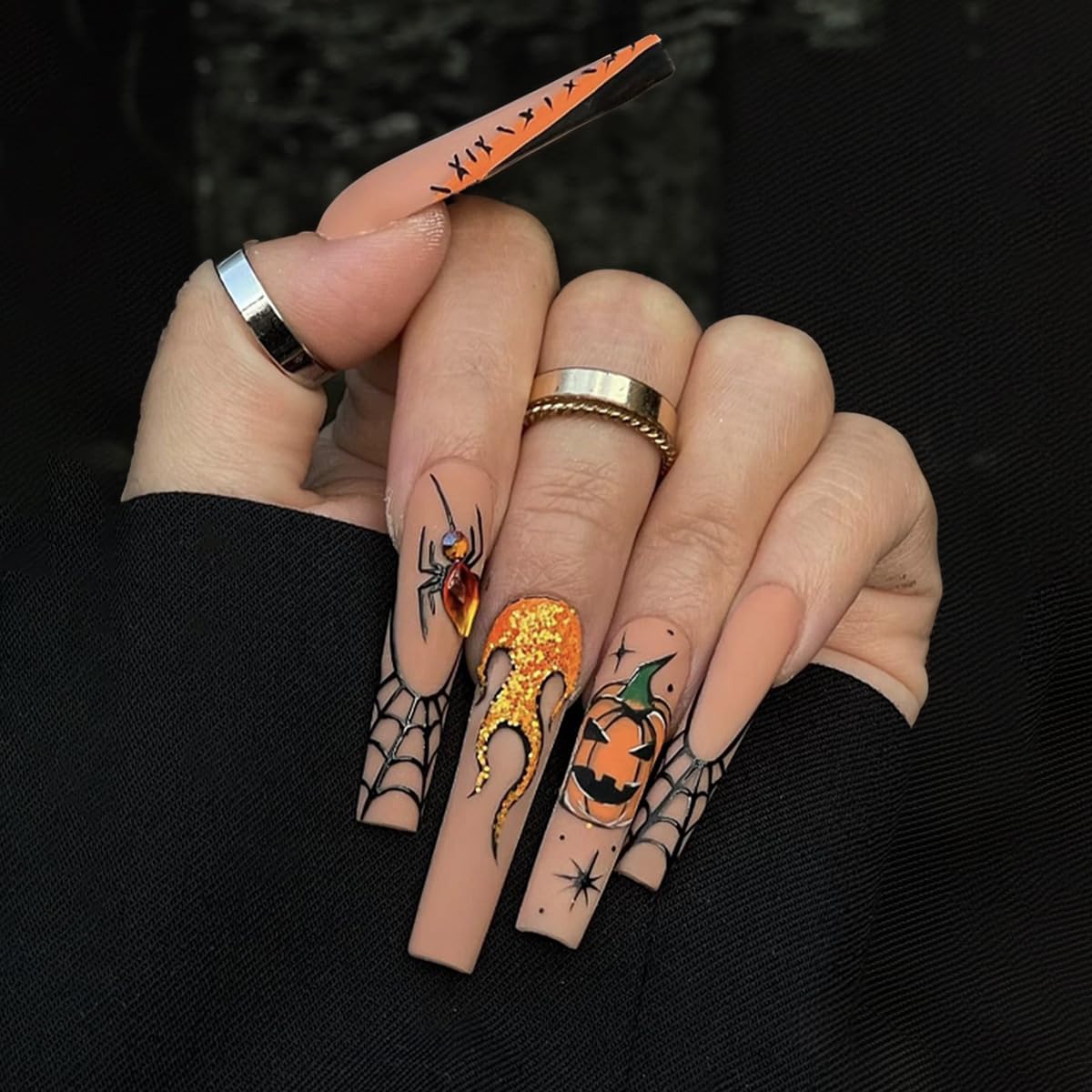Uñas largas cuadradas de Halloween a presión con diseño de tela de araña de calabaza, punta francesa, pegamento de Halloween, uñas postizas