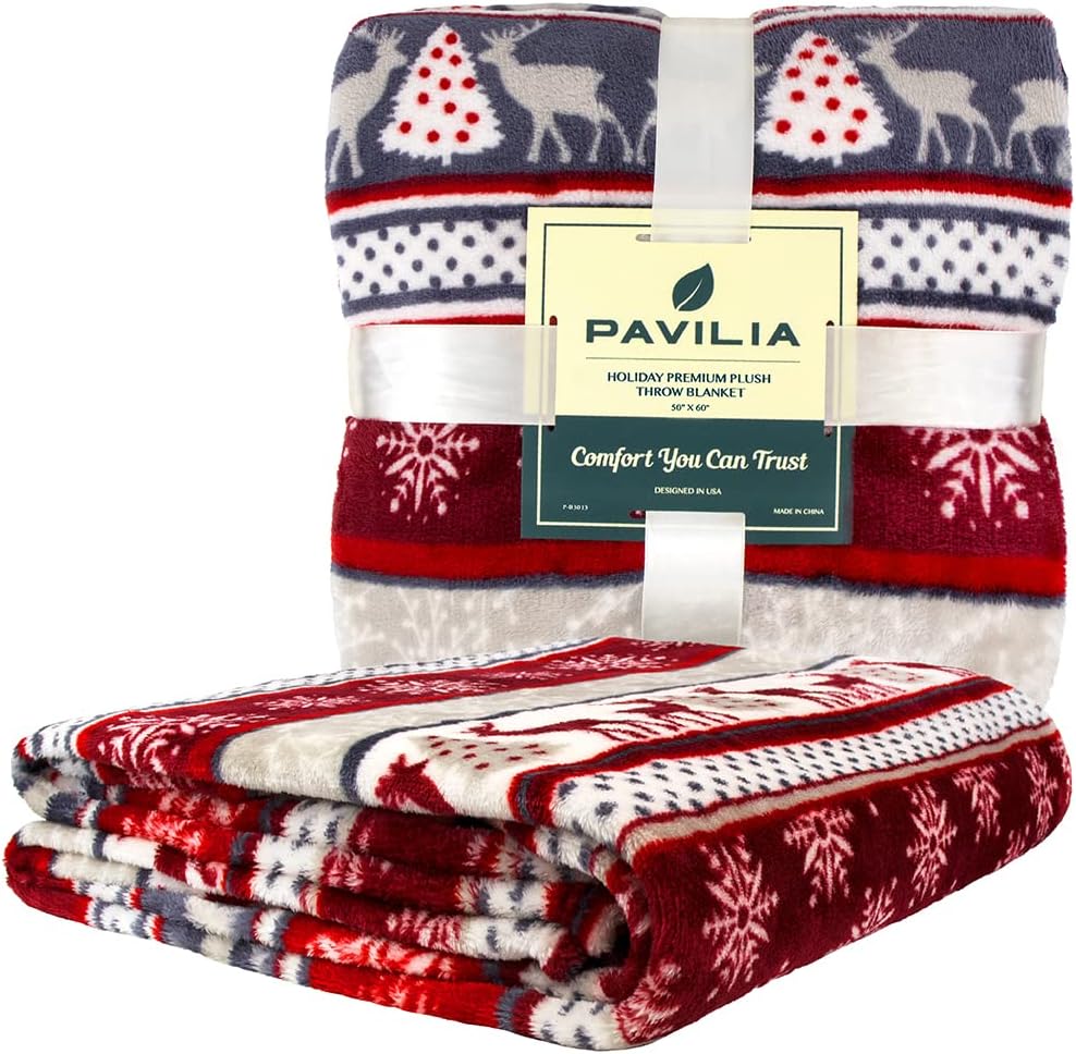 PAVILIA Manta de Navidad  Manta de forro polar con copos de nieve de renos de Navidad  Suave, afelpada, cálida manta de invierno para cabaña,