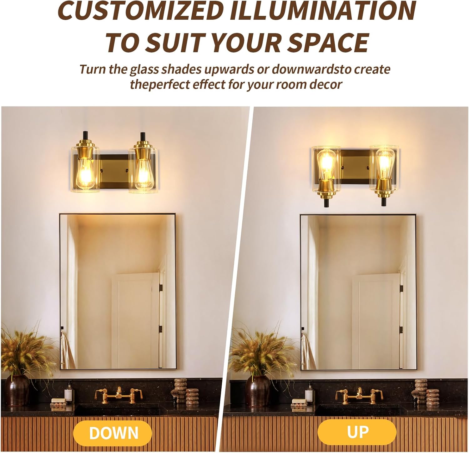 2 lámparas de tocador de baño, modernas luces negras y doradas, lámparas de baño sobre espejo con pantalla de vidrio transparente, apliques de pared