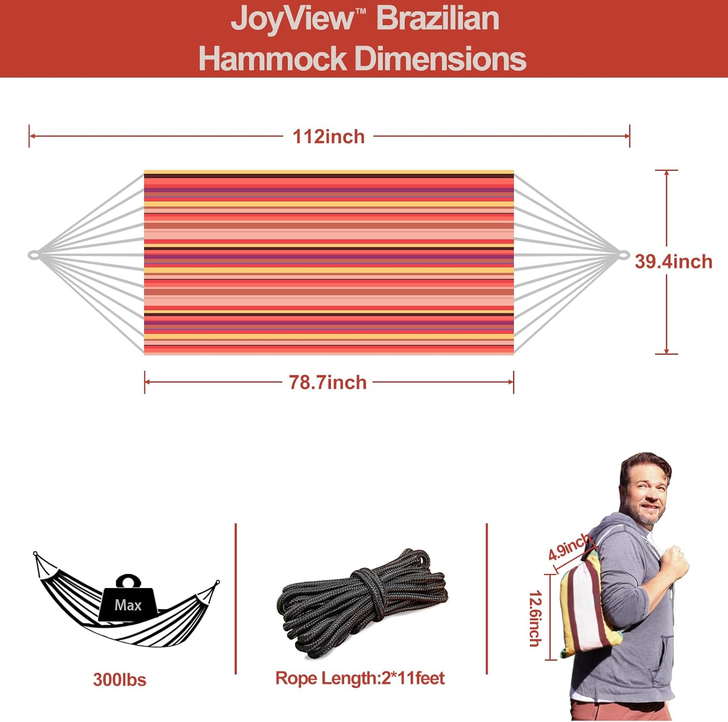 JoyView Hamaca brasileña para hamaca portátil de una sola presión con cuerdas para colgar y bolsa de transporte, hamaca grande de algodón de 78.8 x