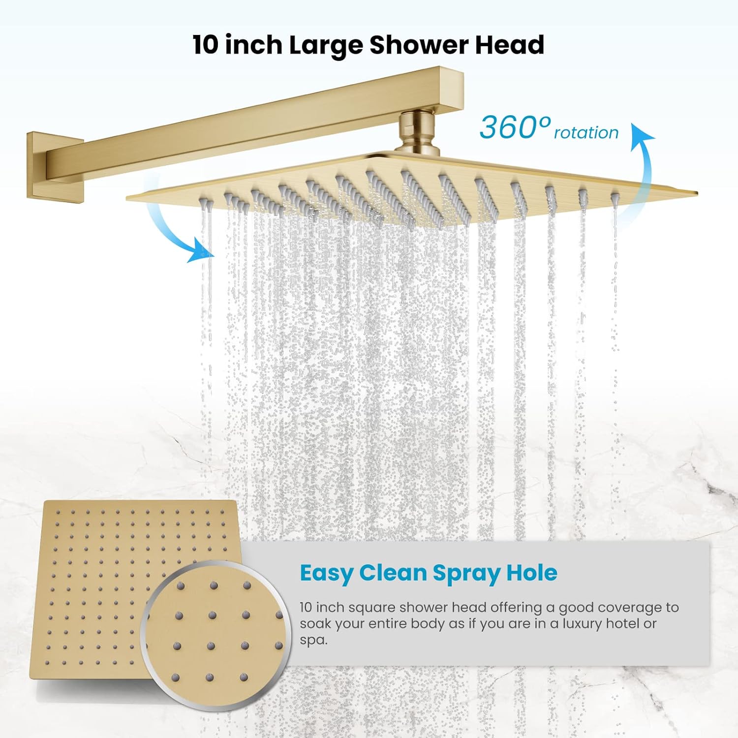 gotonovo Sistema de ducha de lluvia dorado cepillado con alta presión de 10 pulgadas de cabezal de ducha cuadrado y mango para baño, montado en la