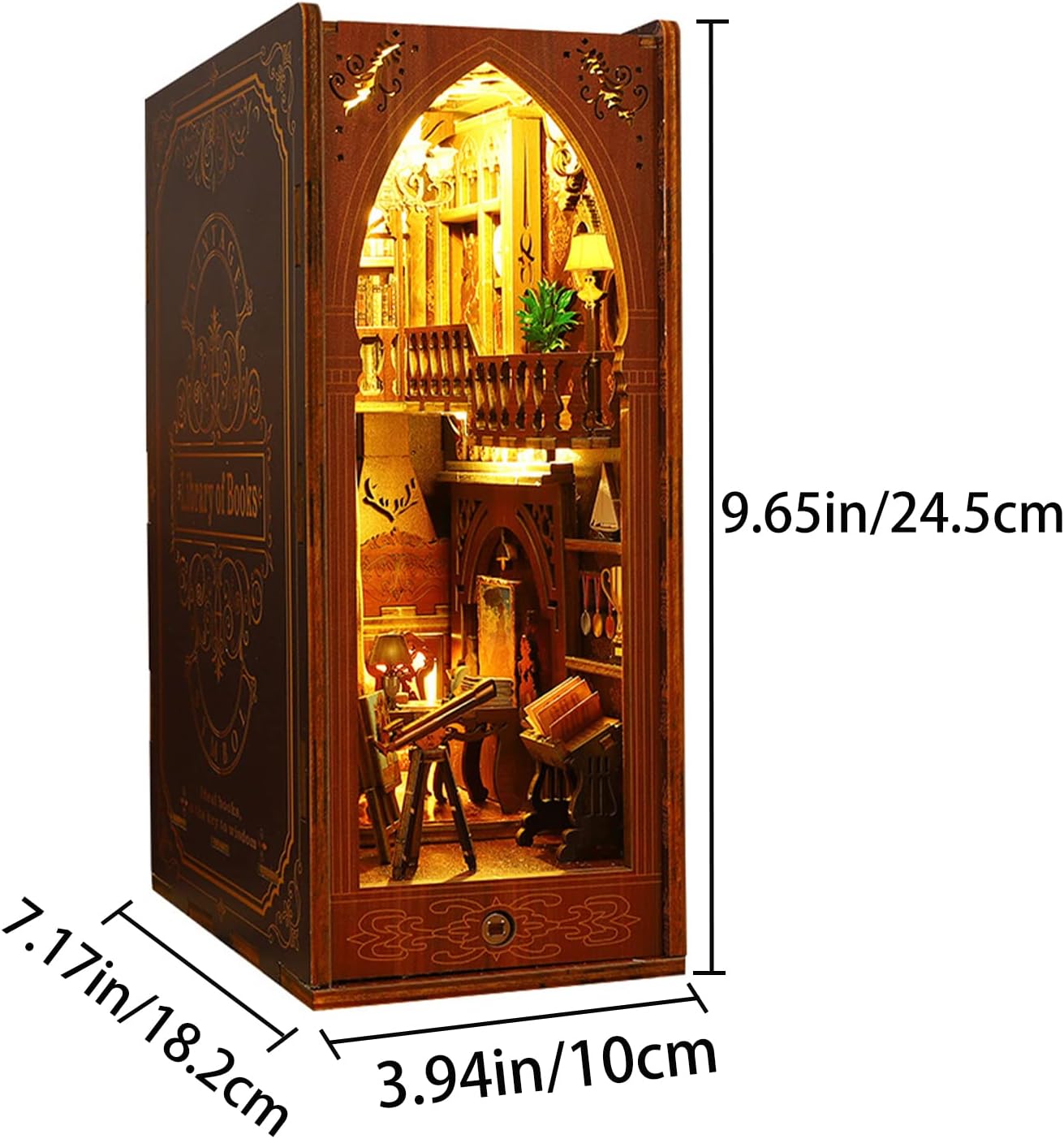 Kit de rincón de libros de biblioteca mágica de madera 3D, encantador inserto de estantería con LED táctil, decoración de sujetalibros de bricolaje,