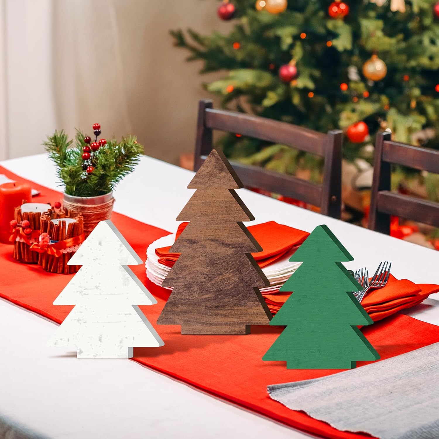 5 piezas de decoración de mesa de Navidad, árbol de Navidad, centro de mesa de Navidad, caja de regalo retro marrón, verde, blanco, bandeja de
