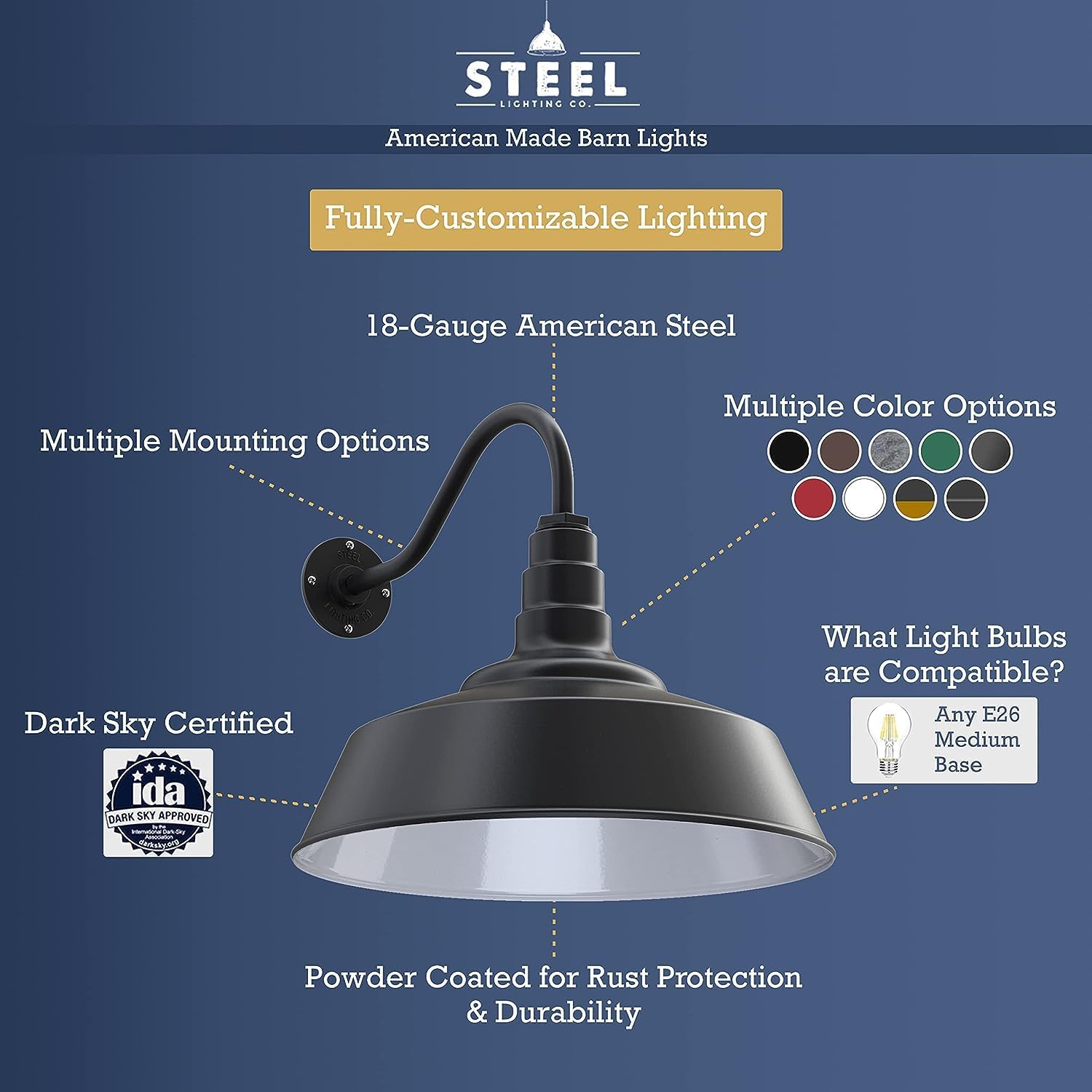 Steel Lighting Co. Redondo – Luz de granero  Montaje en pared al aire libre  Cúpula de 20 pulgadas  Cuello de cisne de 16 pulgadas  Luz grande de
