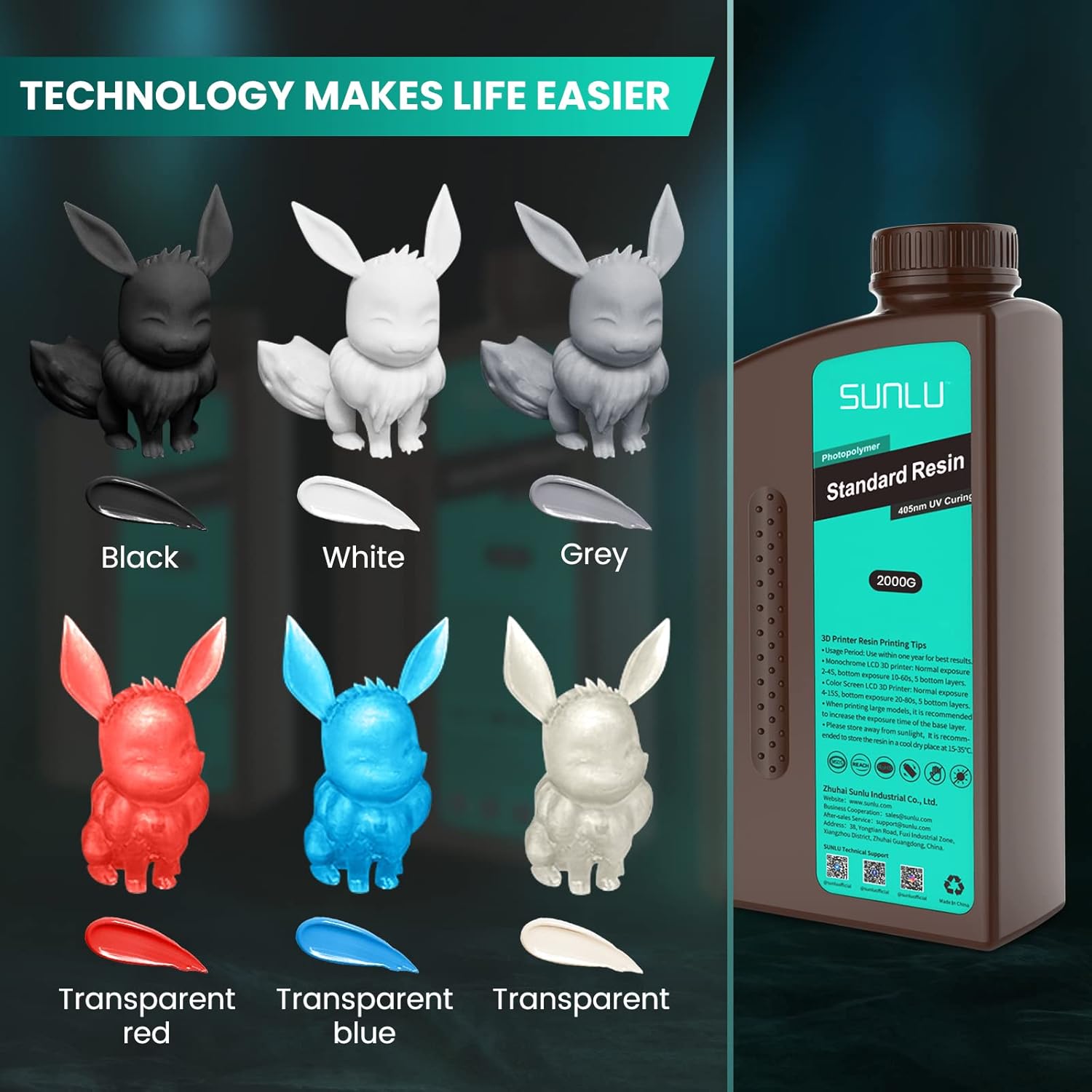 SUNLU Resina de impresora 3D, fotopolímero estándar de 70.55 oz, resina de curado UV de 405 nm para impresora 3D de resina 4K8K LCDDLPSLA, resina