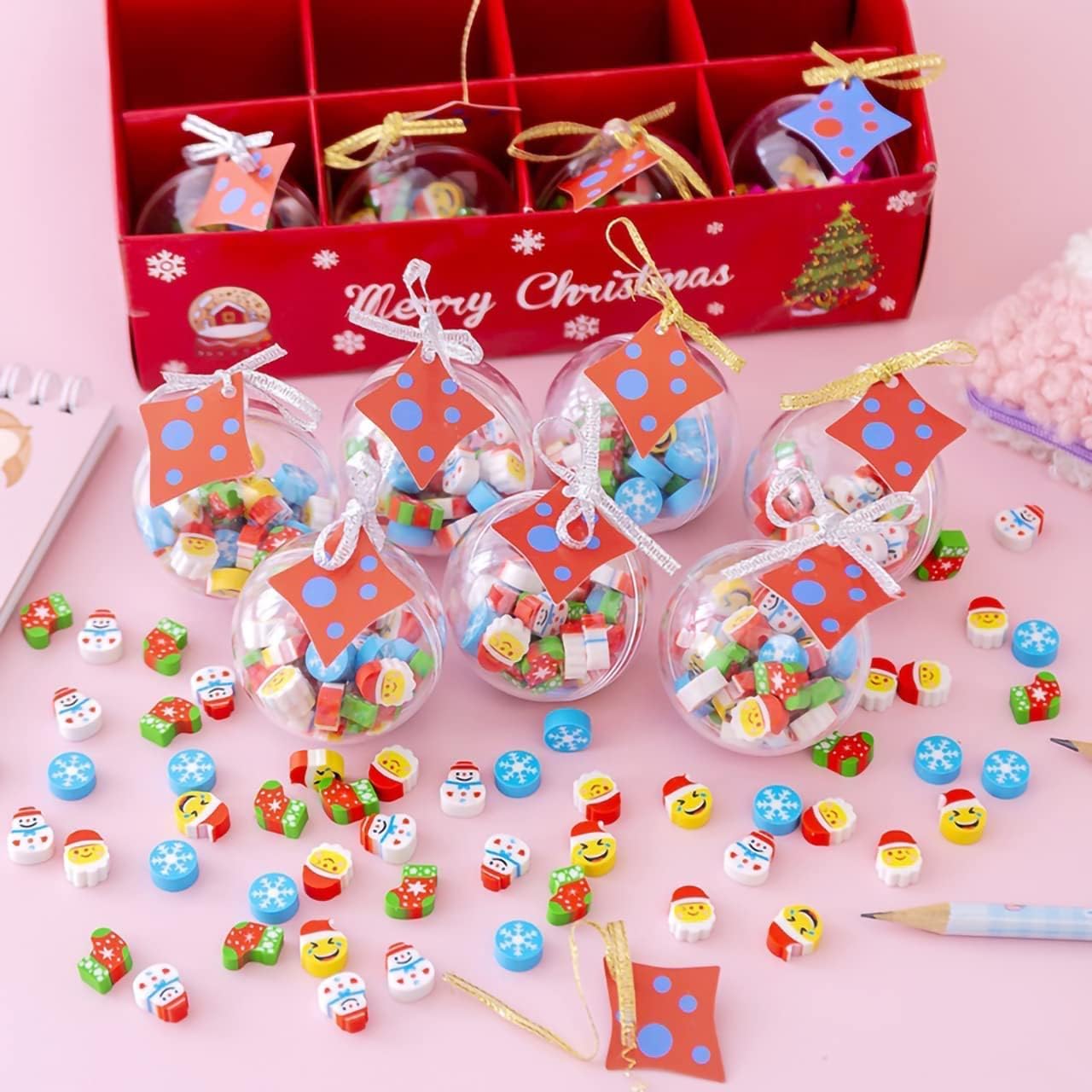 12 borradores de Navidad con paquete de bolas, borradores de Navidad para niños, rellenos de calcetines para niños, decoraciones de Navidad y