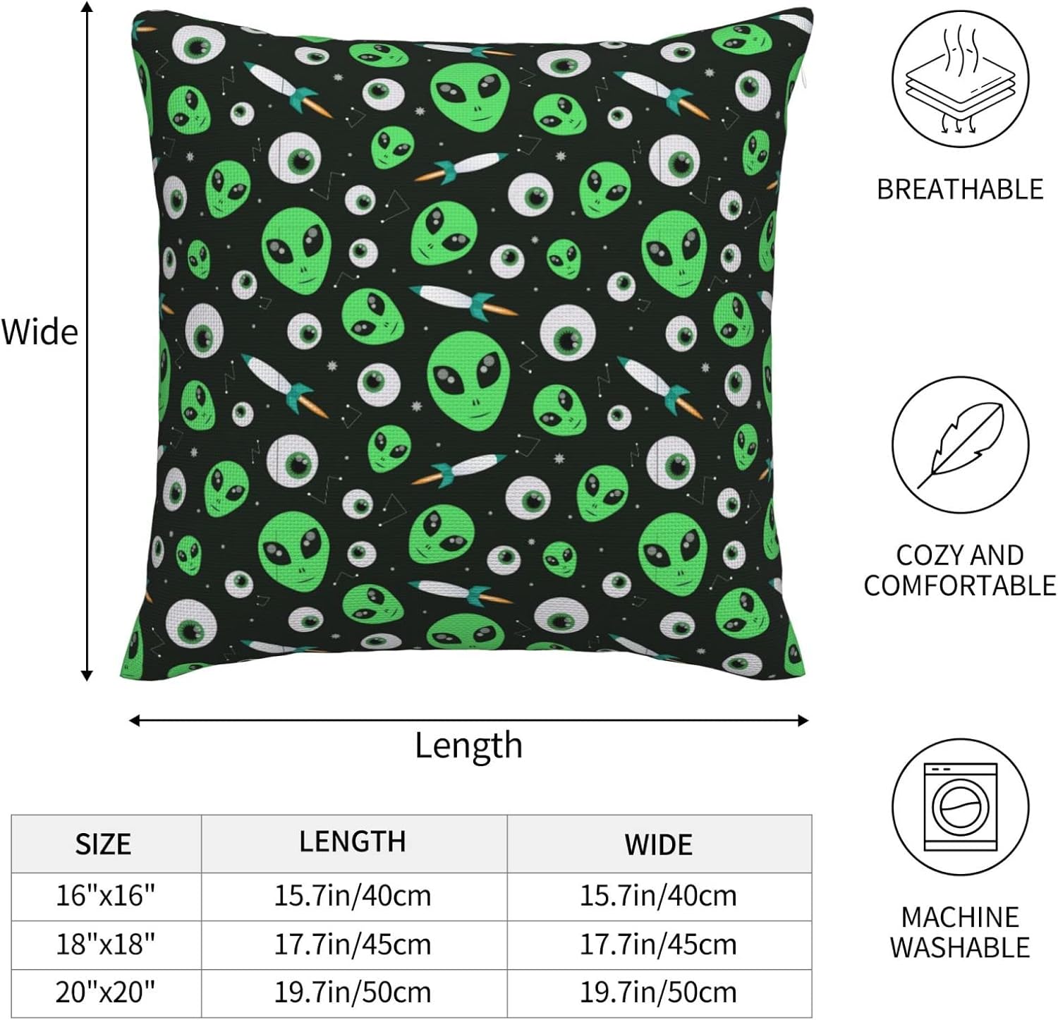 Alien – Funda de almohada cuadrada decorativa suave, funda de cojín, decoración del hogar para sofá, cama, silla, 20 x 20 pulgadas
