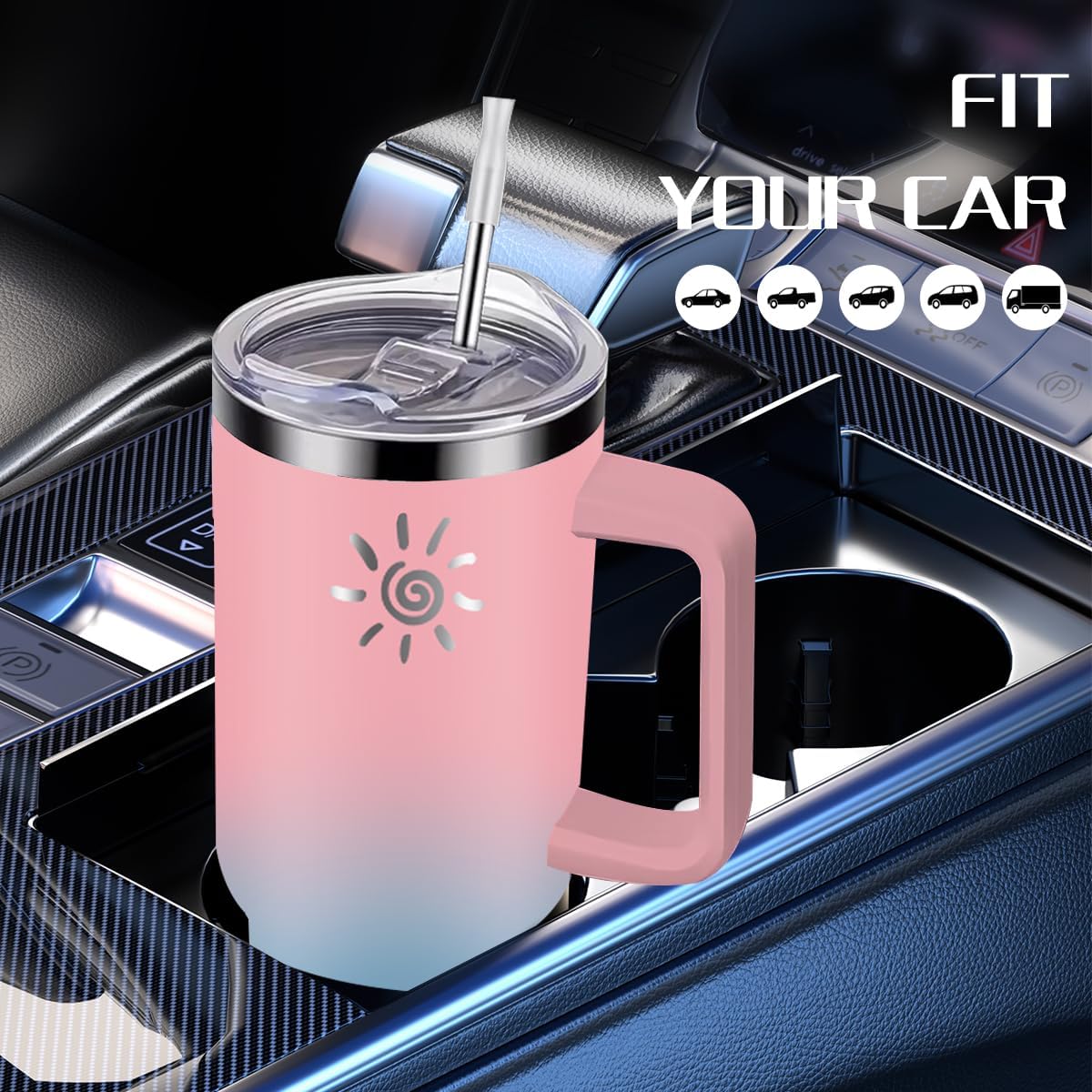 YPNMR Vaso de 40 onzas con asa y tapa con popote, taza de viaje de acero inoxidable aislada al vacío, taza de gran capacidad a prueba de fugas