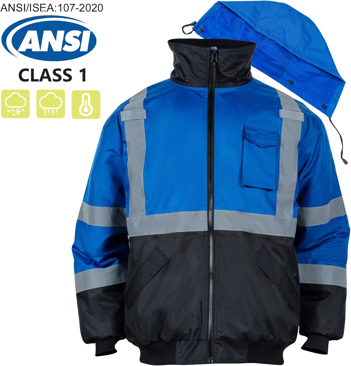 Chaquetas de seguridad reflectantes de alta visibilidad para hombre, forro polar ANSI Clase 1 Hi Vis, chaqueta de invierno con capucha (azul rey, XL)