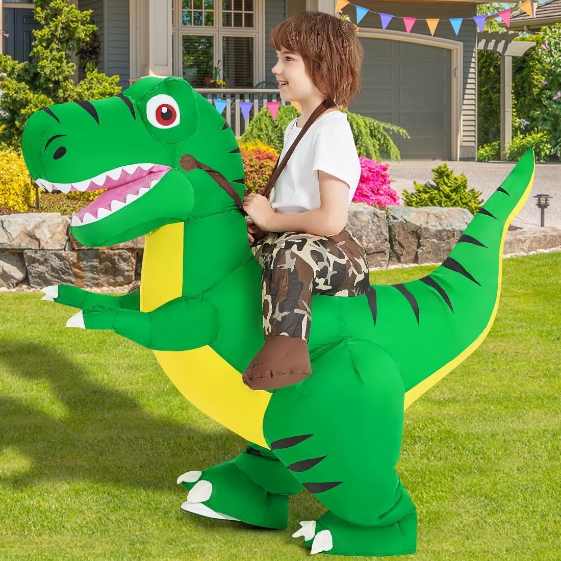 COMIN Disfraz inflable de dinosaurio para niños, disfraz de dinosaurio inflable de T-Rex, vestido divertido verde para fiesta de Halloween