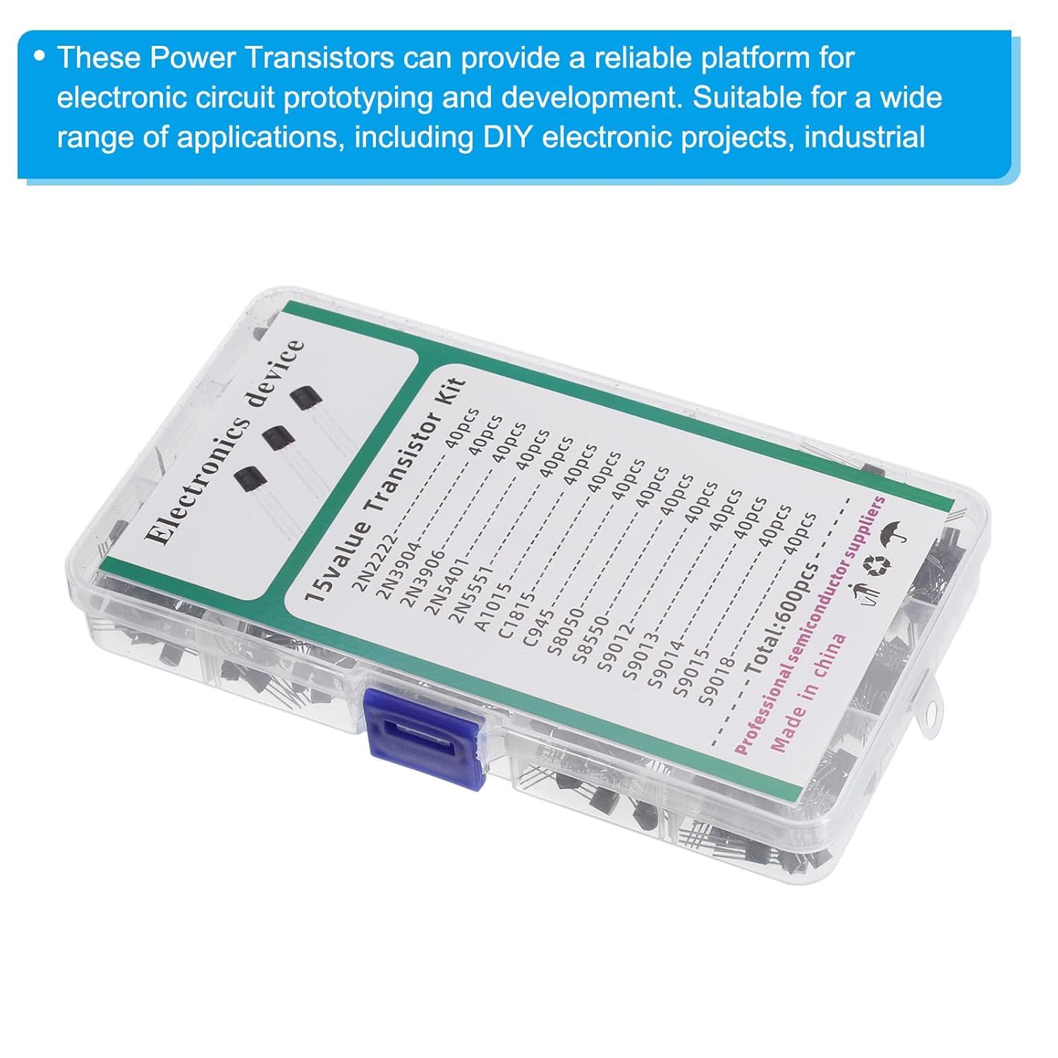 PATIKIL PNP NPN Power Transistor Surtido Kit, 600pcs 15 Tipos 3 Pin Componente Electrónico para Aplicaciones de Conmutación de Uso General