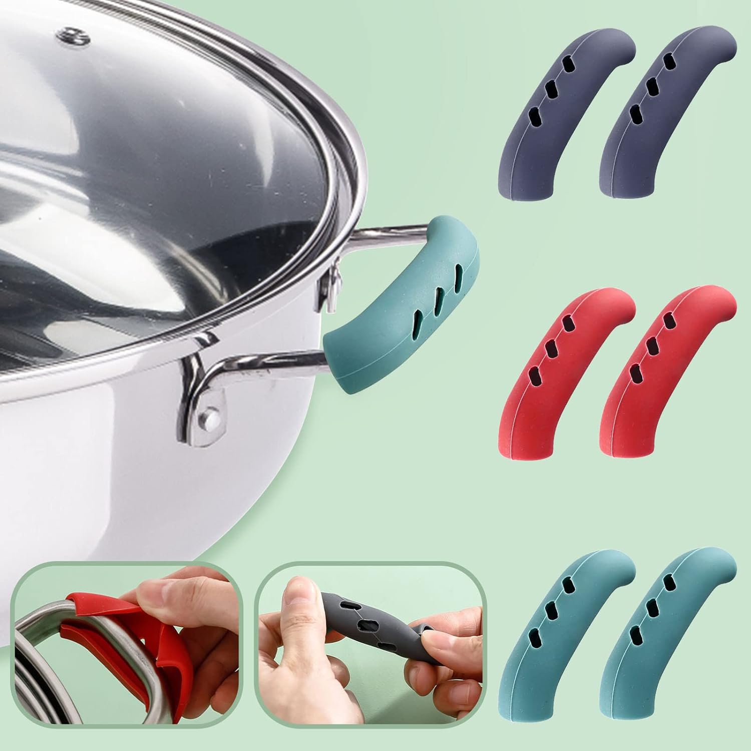 Juego de 3 pares de fundas de silicona para mango de olla antiquemaduras, funda de silicona antideslizante, juego de soportes de mango de
