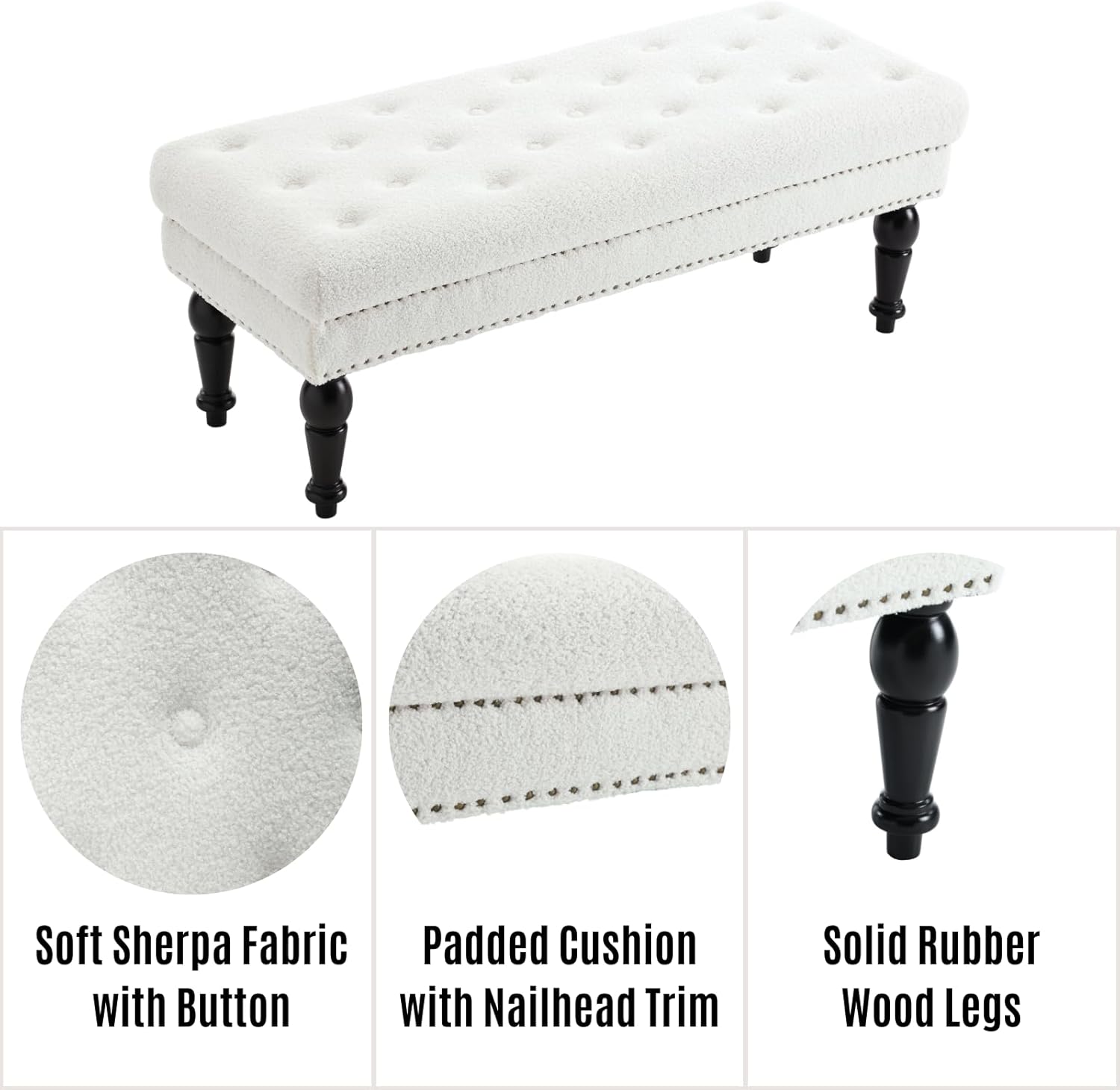 LukeAlon Banco de comedor vintage de sherpa, banco de comedor tapizado con cabeza de clavos, banco auxiliar rectangular con patas de madera maciza,