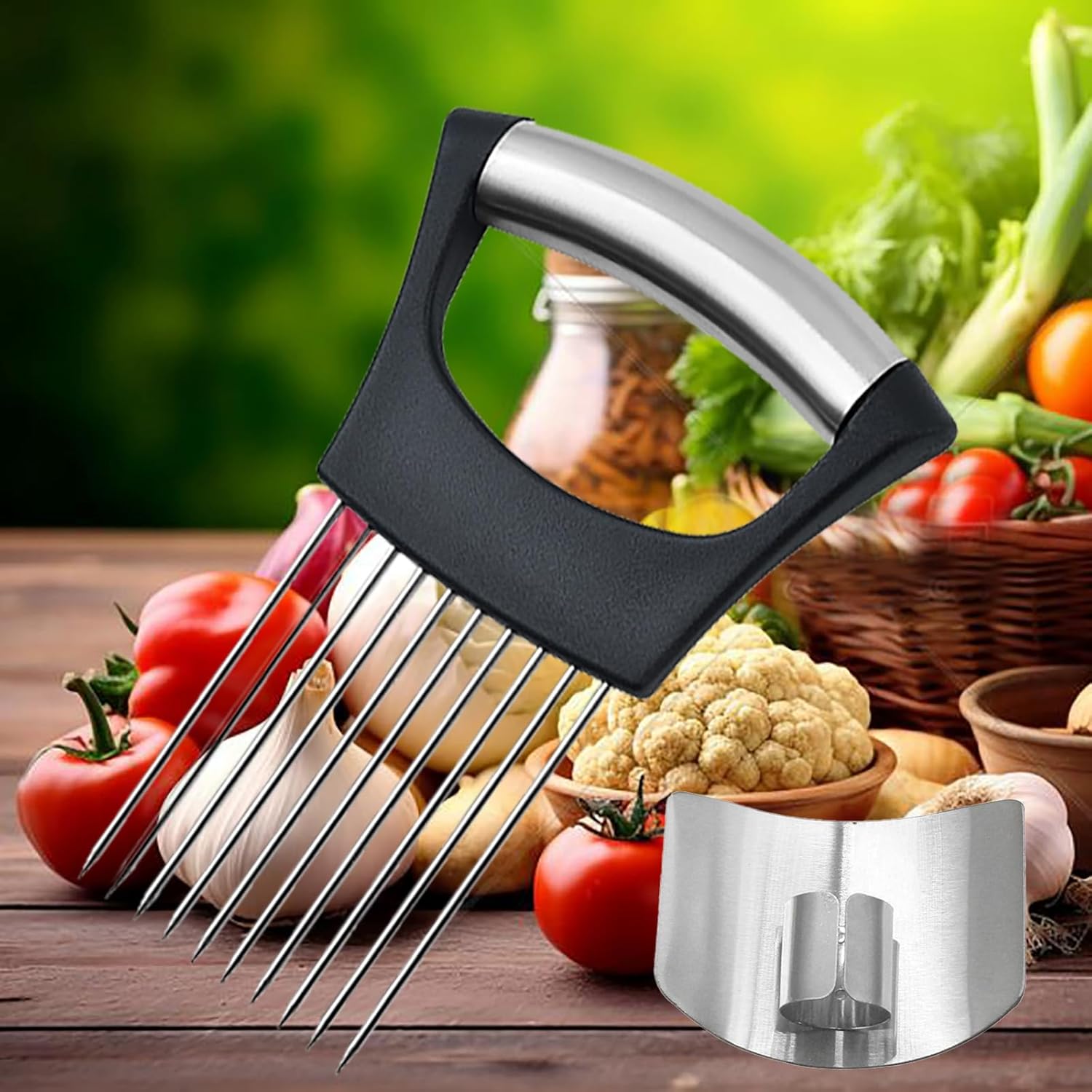 1 soporte de cebolla para rebanar, 1 protector de dedos para cortar alimentos, soporte de acero inoxidable para cortar cebolla, tenedor de cebolla,