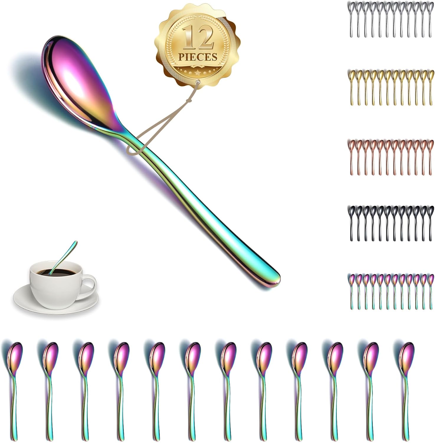 Kyraton Cucharitas de arco iris, 12 cucharas de té de acero inoxidable de 6.5 pulgadas con colorido chapado de titanio, cucharas de helado, cuchara